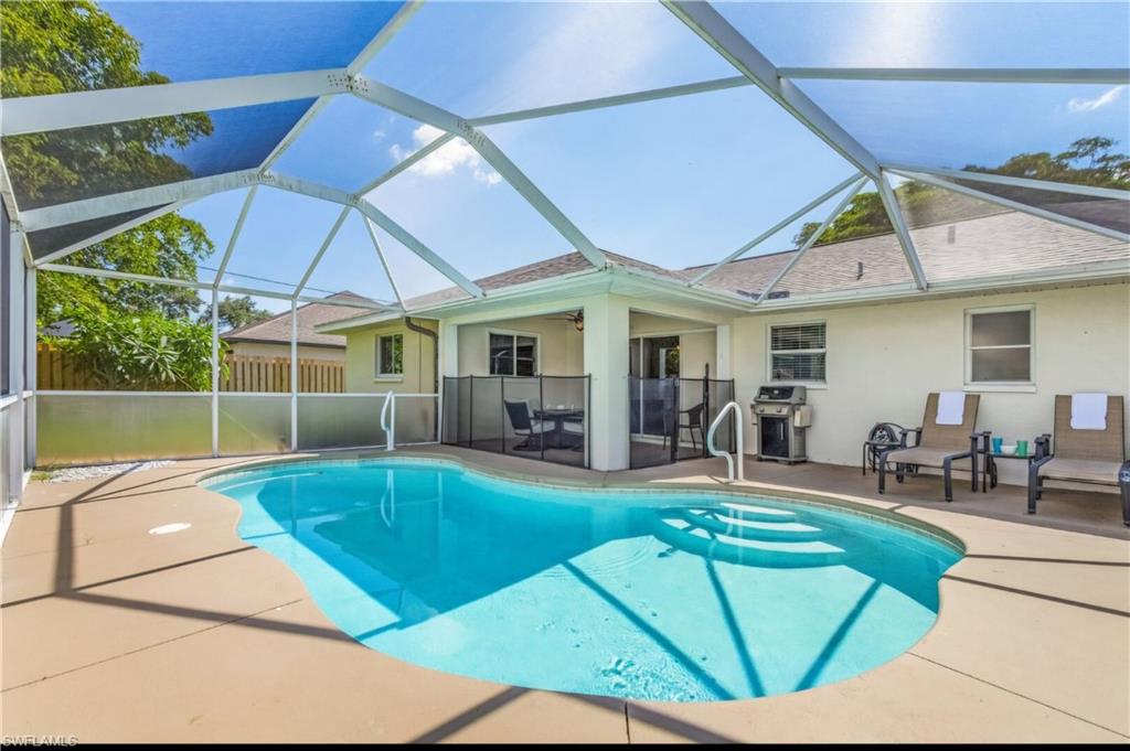 Don't miss this well-maintained 3-bedroom, 2-bath pool home in the heart of SE Cape Coral! Enjoy peace of mind with a new ROOF (2022), A/C (2022), and a newer POOL HEATER—giving you confidence in some of the home's biggest-ticket items. Nestled on a beautifully landscaped lot with mature trees and lush greenery, this home offers wonderful curb appeal and a welcoming atmosphere. Best of all, it's located in an X flood zone. NO FLOOD INSURANCE REQUIRED! Inside, you'll find a functional split-bedroom floor plan, a kitchen featuring stainless steel appliances, and comfortable living spaces ready for you to make your own. Step outside to your private screened pool, complete with a removable safety fence for added peace of mind, making it ideal for families and pets. The screened garage door allows you to enjoy fresh air while working in the garage or relaxing with the door open. Conveniently located near Cape Coral City Hall, the Police Department, Cape Coral Hospital, shopping, dining, and everyday conveniences. Great for a full-time residence, seasonal retreat, or investment opportunity!