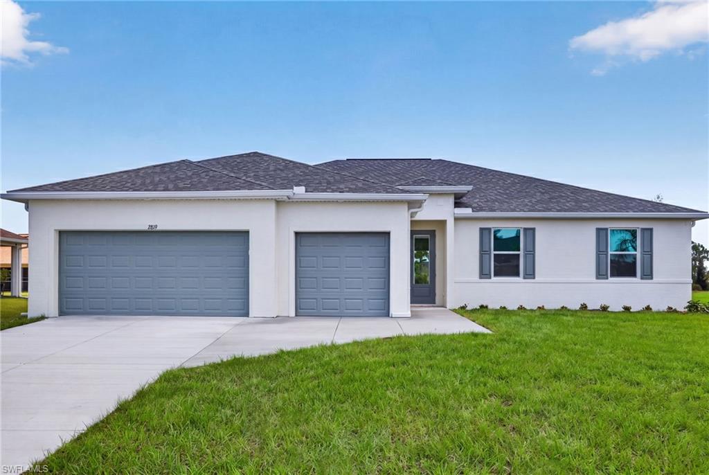 CLOSING COST CREDIT AVAILABLE! NEW CONSTRUCTION READY NOW | ROOM FOR POOL | Dual Primary Suites | 3 Bathroom | 3-Car Garage | Move-In Ready NOW. Introducing The Bluewater Cove, an expansive single-story new construction home in Cape Coral offering 4 bedrooms, 3 bathrooms, and a rare dual primary suite layout ideal for multi-generational living, guests, or a private office retreat. The bright open-concept floor plan features soaring tray ceilings, a spacious great room, and seamless indoor-outdoor living. The chef-inspired kitchen includes quartz countertops, soft-close all-wood cabinetry, stainless steel appliances, a large island with breakfast bar. The main primary suite offers direct lanai access, dual vanities, a large glass-enclosed shower, and a walk-in closet. The second primary suite includes its own private bath (with access to the lanai -perfect for your future pool) and walk-in closet, providing flexibility and privacy. Two additional bedrooms share a third full bathroom in a split-bedroom floor plan. Enjoy outdoor living on the expansive under-truss lanai with plenty of room to add a custom pool and outdoor oasis. Additional features include tile flooring throughout, impact windows and doors, an elevated lot outside the flood zone, and a spacious 3-car garage. Conveniently located near shopping, dining, entertainment, and with easy access to Fort Myers Punta Gorda and Southwest Florida beaches. Built by a trusted local builder and backed by a 1-year workmanship and 10-year structural warranty, with energy-efficient systems. One or more pictures may be virtually staged. This is the Bluewater Cove Plan.