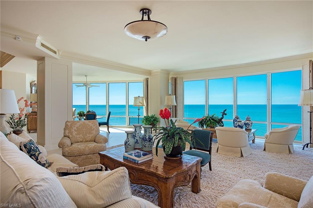 Sensational seaside residence captures explosive Gulf, bay and city views. Impeccably designed and architecturally enhanced, Estate Nine South boasts a spacious interior boasting approximately 8,600 square feet providing the ambiance of a gracious Gulf Coast lifestyle. The secured private elevator foyer opens to explosive views through dynamic walls of glass. The sunlit great room, dining room, custom library and exceptional master suite and sitting room with dual baths along with the spacious beachfront lanais all enjoy stunning sunsets. In addition, the “chef’s delight” kitchen with gas cooking, butlers pantry, morning room, and family room with gas fireplace are all enhanced by the delightful Venetian Bay views. The two private guest suites, a third bedroom/home theater and a spectacular master guest cottage complete with its own kitchen, dual bath and private lanai, wake to sensational sunrises. With first-class amenities, security and a prime location nestled directly across from the Venetian Village, the residents of Regent enjoy fine dining and boutique shopping along the prestigious Gulf Shore. Chandelier over the dining room table is excluded.