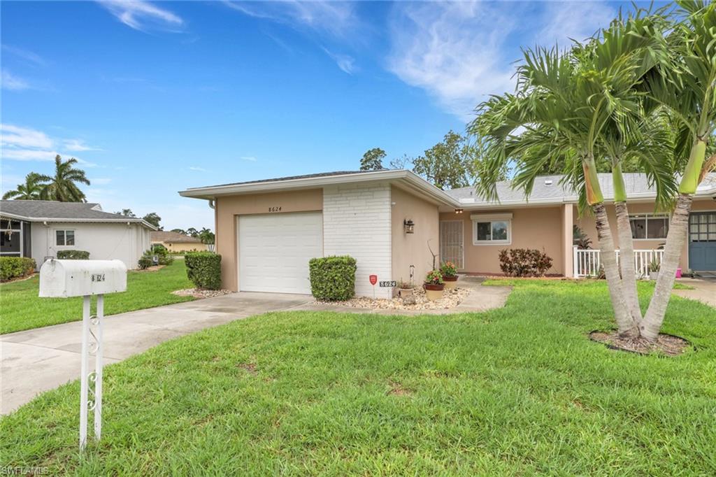 Beautiful 2 bedroom 2 bathroom move-in ready duplex in Leisure Estates, a hidden gem in South Ft Myers. This small community of villa homes offers a fantastic balance of a quiet, relaxed atmosphere with incredible convenience to everything the area has to offer! This community has low fees, and this unit received a new roof in 2023. The home is equipped with a top of the line water softener/water filtration system, and some smart home features (lights, security alarm, keyless entry, electric hurricane shutters). The one car garage has plenty of room for parking and storage, and includes the washer/dryer. Tiled floors throughout the kitchen and living areas, and parquet flooring in the bedrooms. The living room showcases a beautiful brick feature wall, and has plenty of room for an office setup.  The updated kitchen features granite countertops and a butcherblock island.  Furniture is negotiable! The community features a pool, pavilion meeting room, and shuffle board.
