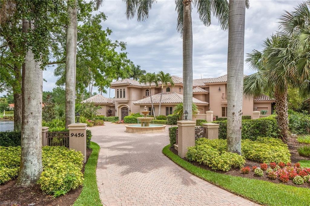 Introducing this iconic, grand estate home in Sweet Bay of Pelican Marsh, situated at the end of the street surrounded by water and the signature 5th hole of the golf course. Iron gates and massive wooden double doors welcome you into a magnificent outdoor entertaining space featuring a covered veranda with fireplace, outdoor kitchen, pool and spa and a private guest cabana. The main home consists of a great room lined with floor-to-ceiling windows and fireplace, a master suite that opens to a private courtyard with a peaceful fountain, kitchen and family room, superb wood trimmed club room, bar, wine cellar and true theater room, dual offices and three additional guest bedrooms with en-suite baths. Pelican Marsh has 133 acres of nature and miles of pathways, features a full-service fitness center, bocce ball, tremendous tennis program and optional golf memberships to the Pelican Marsh Golf Club. The North Naples location is very close to upscale dining, shopping, entertainment and the beautiful white sandy beaches.