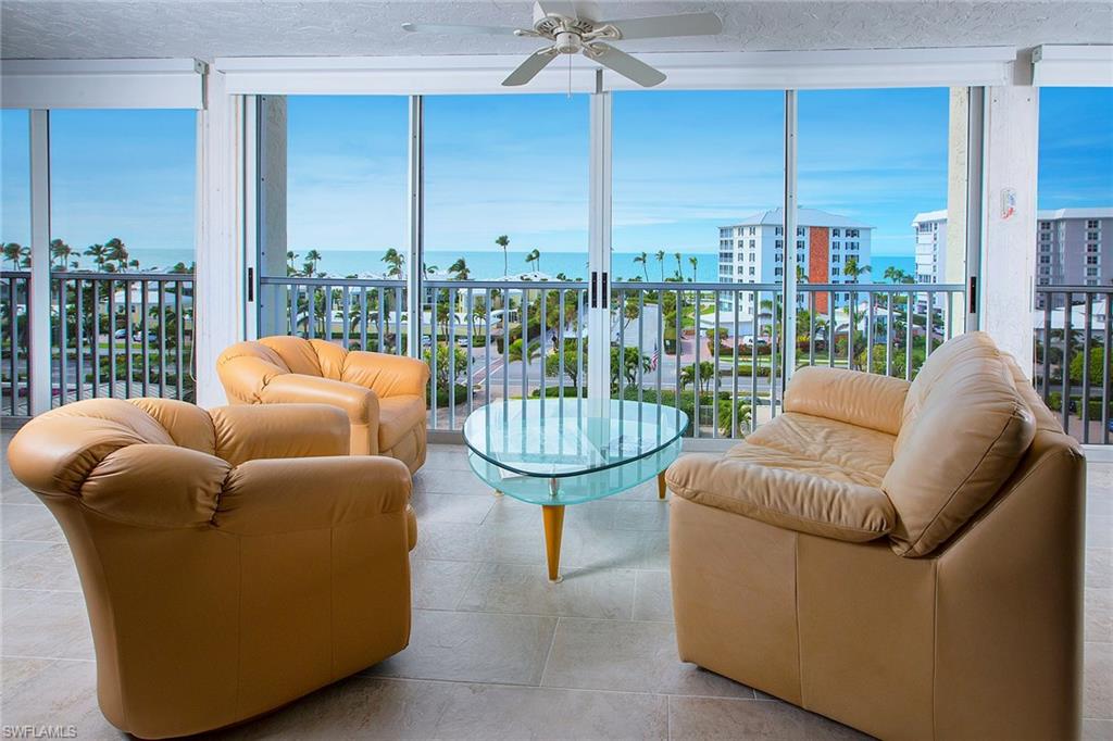Gorgeous sunset views all year long! This renovated two-bedroom plus den, two-bath unit is a must see! Tile in all the wet areas and plush carpet in the living areas this unit boasts Rheem HVAC 2011, water heater 2009, cabinet and pantry with pull outs, raised panel white cabinetry, granite counters, just to name a few. MIRAMAR CONDO IS ON MOORINGS BAY WITH BEACH ACCESS DIRECTLY ACROSS THE STREET. Kayak or paddleboard launching and storage is available for paddling on the bay or Gulf.  Very little traffic with this GEM location of Miramar. Located in the most southern area of Gulf Shore Boulevard just north of Doctors pass. Come enjoy your community boat dock and pool, gazebo area, BBQ grill and a picturesque walk or bike ride to Village on Venetian Bay. Boaters delight here with no bridges to the Gulf of Mexico, boat slips are available. Covered parking and under building storage for your beach toys.  Storage space is #7 and parking space 13.
