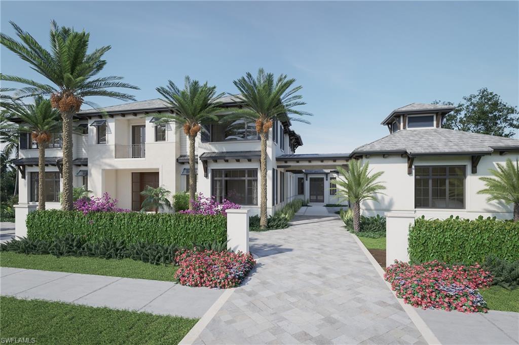Situated amongst the mature trees and quiet charm of Olde Naples’ northern corridor, this new construction home provides a rare opportunity to live on over a half-acre of land, 1.5 blocks from the beach. Slated for completion in Q1 of 2022, this home is being built by the iconic home builder A. Vernon Allen and will have an astounding 7320 square feet under air with 5098 of those square feet on the first level!  A motor-court style driveway is accessible from the street or the side alley providing garage spaces for 4 cars and a golf cart. The outdoor living area enjoys western exposure, a 60’ pool, 4 linear fire features, a sunken firepit, a large yard with gated beachgoer access, and an unrivaled amount of space to relax with family and friends.  Pocketing sliding doors give a seamless transition to an awe-inspiring Great Room with a vented fireplace, a 22 foot vaulted ceiling, and dramatic beam-work. The master suite will have a vented fireplace of its own, vaulted ceilings, a morning bar, his/hers closets and a well-appointed master bath. There is a dedicated office, Bonus/Billiards room, and 5 additional guest suites –with a VIP suite looking down the entire length of the pool.
