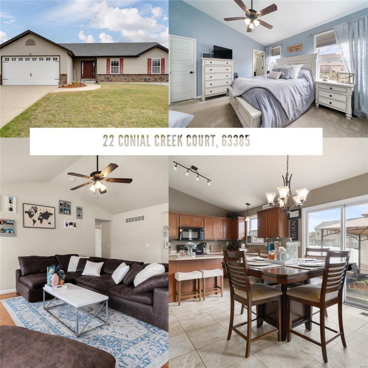 Beautiful move in ready home, with soaring vaulted ceilings throughout the main living areas.This is the home you have been waiting for! Gorgeous interior doors and wood floors throughout, along with tile in the kitchen as well as the laundry room. This kitchen has plenty of cabinet space and a center island to gather around and bake cookies. Relax in the spacious Master with en suite. This home also has two extra bedrooms with a guest bath. Outdoor space is perfect for those Fall nights to roast marshmallows and gather around the fire pit. Fenced in backyard allows for a spacious area for the children or pets to play in. Wentzville schools, close to parks, golf, restaurants, shopping and more. Do not miss this opportunity!!
