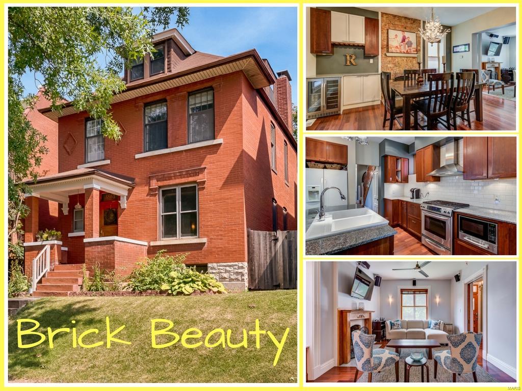 Tower Grove Heights beauty dripping w/ style & fine finishes! Steps from TG park & S. Grand's fantastic restaurants & shops this historic gem is ideal for all that want to enjoy urban life in style! Fantastic open concept that include 2 main level gas fireplaces w/ delicious exposed brick! Entertain w/ ease in the chef open custom kitchen including dazzling granite, subway tile, island & professional stainless appliances! Sophisticated dining w/ fantastic chandelier & custom bar &  wine chiller. Take the party to the shaded backyard that has cement brick patios, fire pit, privacy fence, & 2 car garage! Charming upper level w/ glass french doors, beautiful wood work throughout! Enjoy the Bright master suite & bath including more subway tile, custom vanity, & jet tub. Guest bedrooms are generous in size & 3rd level can also be an additional family room. 3 levels of rich cherry floors & beautiful restored historic staircase showcasing a wall of exposed brick! Zoned HVAC. Additional Rooms: Mud Room