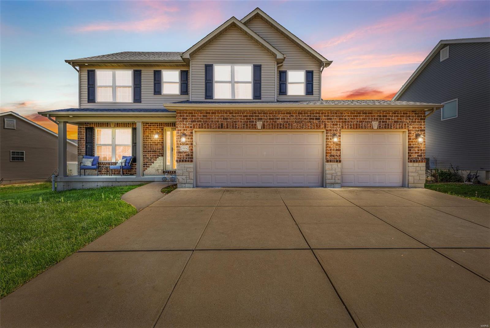 CUSTOM FLOORPLAN!  Discover your dream home in this stunning 2-story residence featuring 4 spacious bedrooms and 2.5 stylish bathrooms. The property boasts a 3-car garage, an inground swimming pool with a covered patio, and a cozy den. The new roof ensures peace of mind, while the primary suite offers luxury plank flooring and a huge walk-in closet. Enjoy the convenience of upper-level laundry and a full basement for extra storage or potential living space.  The modern kitchen is a chef's delight, equipped with quartz countertops and hardwood floors that extend into the den, great room, kitchen, and breakfast room. The stylish half bath features a chic blue vanity and ceramic tile flooring, adding a touch of elegance.  Perfect for entertaining or relaxing, this home combines comfort and sophistication. Additional upgrades included zoned HVAC, mudroom, arch doorways, wood/rod iron staircase detailing and huge walk-in pantry.  No other floorplan like this in the neighborhood.  LOVE IT! Additional Rooms: Mud Room