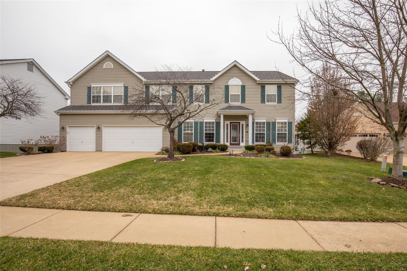 Live your dream in this gorgeous 2 Story home with welcoming entry foyer, fantastic open floor plan, chef's kitchen including center island, granite counter tops, six burner range, butlers pantry & breakfast area adjoining an oversized great room with gas fireplace.  The main level includes a separate dining room, living room, private office & laundry rm.  The luxury Master Suite is sporting an oversized jetted tub, dual sinks, heated floors & a HUGE walk in closest.  2nd floor family room is ready for a pool game along with space to relax. Three additional bedrooms include a guest suite and a Jack & Jill bath.  Step outside to the freshly refinished butcher block deck or custom stamped patio overlooking a professionally landscaped rear yard that offers your own piece of paradise.  3 car garage with epoxy floors. Roof-2017, 50 gal HWH-2018, 2 HVAC Systems-2018, walk out lower level with rough in, on cul de sac in Lindbergh Schools near entertainment & transportation!