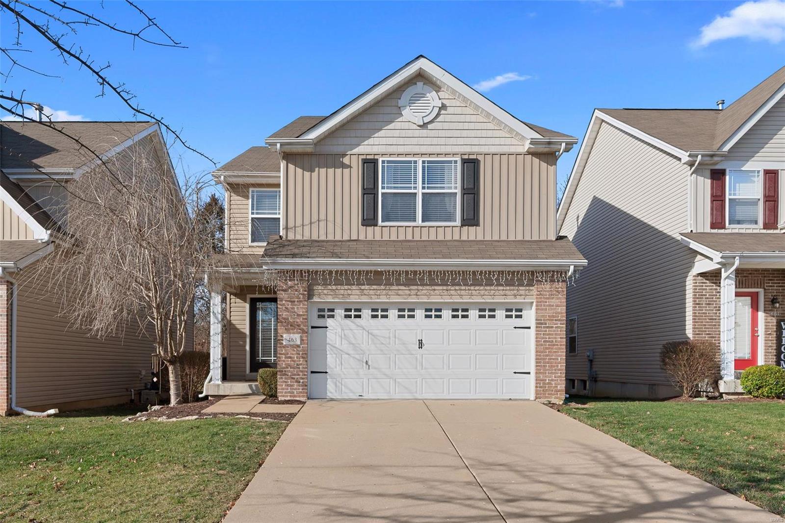Welcome to 463 Parkgate Drive - a care-free living in townhome Lake St. Louis! This impressive 3 bedroom + 2.5 bathroom open floor plan backs to common ground and mature trees. Kitchen features 42" cabinets + a cabinet above refrigerator, dine-in Nook with Bay window/atrium door, pantry and raised breakfast bar at Great Room. Master Suite includes 2 walk-in closets and luxury bathroom w/a jetted tub, shower + built-in seat and dual sink vanity w/drawer stacks. Additional features include a Powder Room, second floor laundry plus walk-in closets at Bedroom #2 and #3. The lower level has a rough-in and is ready for your finishing touches. Neutral colors at the 1st floor highlight the hardwood floors and stained rail/spindle. Enjoy all that the desirable Wyndgate community has to offer: community pools, lakes, trails, playground, pavilion, sports courts. Central Vac, security system plus monthly HOA fee for snow removal and lawn service make this home one-of-a-kind! HSA Warranty included!