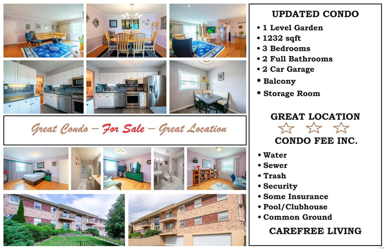 Stanning 1-Level Garden-Style Condo offering 1,232 square feet of beautifully updated living space in an unbeatable location. This 3-bedroom, 2-bathroom & 2 car garage unit is ideal for anyone seeking comfort, convenience, and style. Spacious Layout with large walk-in closet at entrance, Living/R that opens to a private balcony & connects to a separate dining room, Kitchen with Breakfast area & butler pantry, Primary bedroom with double closets & updated full bath. List of updates includes: Viny Windows, Gorgeous Hardwood Floors, Baseboards & Crown Moldings, Professionally painted interior, Recessed Lighting in the Living/R & Updated Light Fixtures, Six-panel doors, Remodeled Bathrooms with New Flooring & Wall Tiles, New HVAC System, Additional Attic Insulation, Wiring remediation in compliance with HOA. The complex has Pool & Clubhouse, and located in close proximity to all major highways, Staenberg Complex - for your leisure & fitness & all of the Creve Coeur shopping & entertainment Location: Corner Location, Interior Unit, Suburban