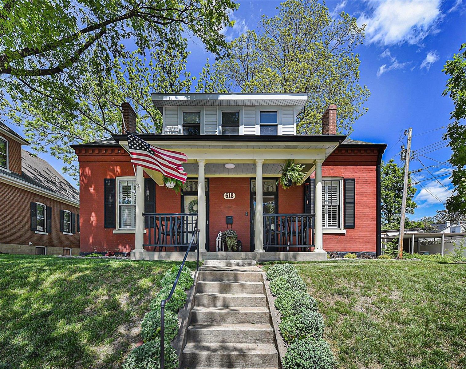 YOU are going to FALL IN LOVE w/ this beautifully, completely updated 1.5 story, 1979 sq ft, 3 bdrm, 2 full bath home in the highly DESIRABLE location of HISTORIC St. Charles! Lots of OLD CHARM mixed w/ modern touches: 11' ceilings; refinished original hardwood; stain glass windows; custom milled tall baseboards; whole house painted & updated light fixtures. Kitchen boasts of marble tile floors, white cabinetry, granite countertops & cool vibe brick wall. Main Floor master bdrm w/ master bath & custom closets. MAIN FLOOR LAUNDRY. 2nd level has 2 nice size bdrm w/ their own custom closets & heating/cooling systems. Oversized 2 CAR GARAGE w/ workshop and RENOVATED LOFT makes for a PERFECT teen room. The big backyard is just another big draw. Perfect for entertaining w/ the overhead lighting and firepit. Lots of updates/additions can be found in the supplements.  Conveniently located to Lindenwood Univ & historical downtown area where you will enjoy FABULOUS restaurants & shopping!!!