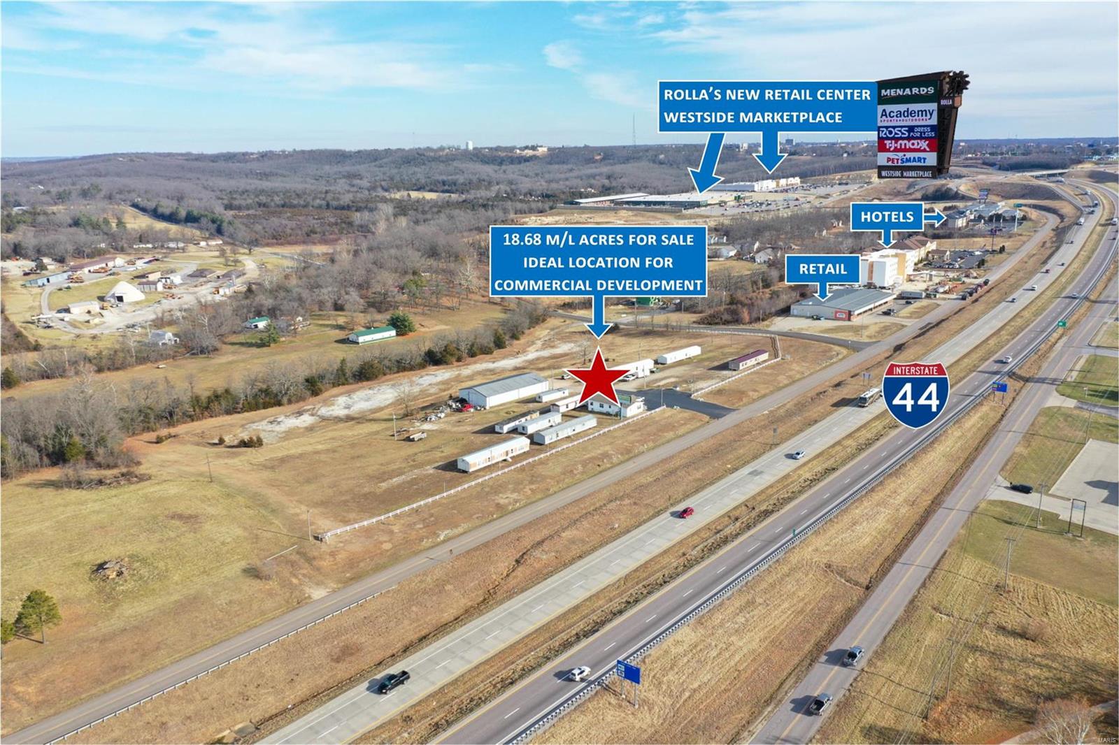 2 m/l acres with great I-44 visibility! This parcel is located just down the road from the new Westside Marketplace and is ideal for commercial development.  This is an excellent commercial location for any business! Location: Hwy/Interstate Frntg