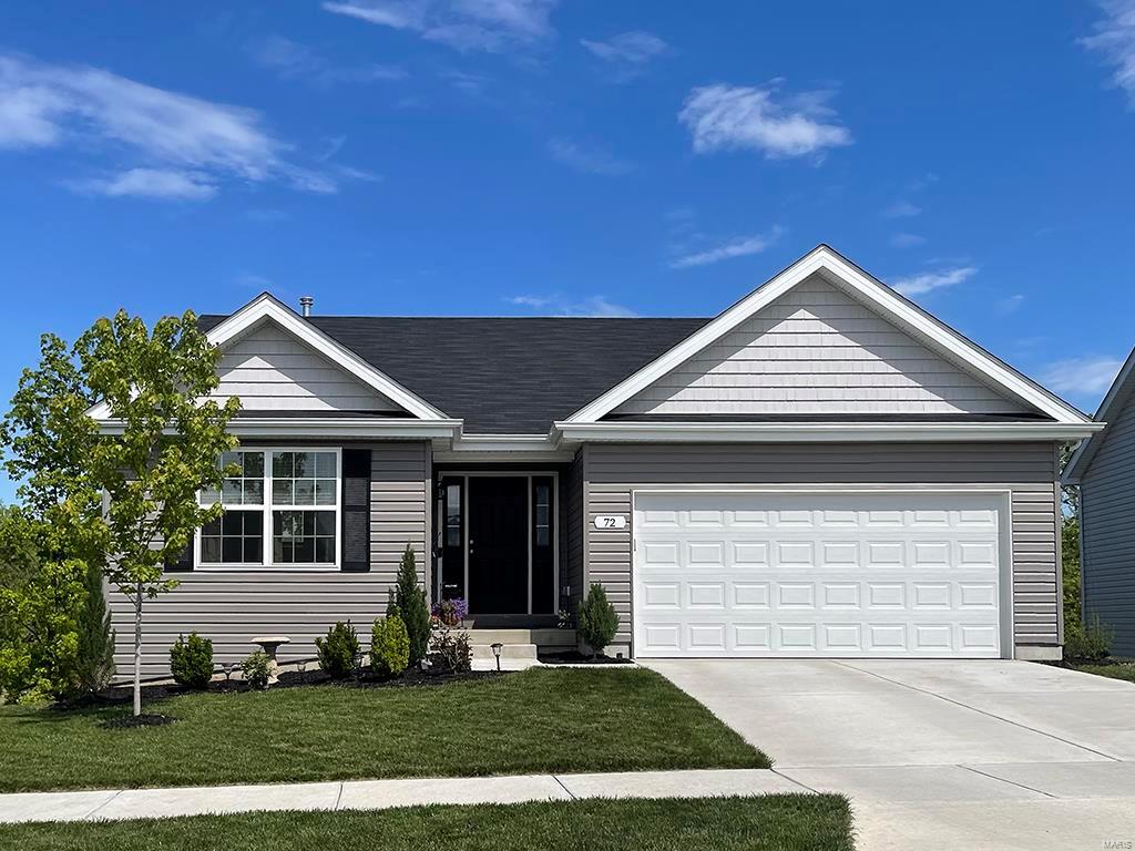 This McBride Homes new construction Aspen II Ranch features 3 bedroom 2 baths and will be ready early 2023! Great open floorplan with vaulted ceilings, 6ft windows, and wood laminate flooring throughout main living areas. Covered future back patio area with sliding glass doors off dining area. Kitchen features large island with flush countertop for breakfast bar, level 4 Benton White 42in tall cabinets, stainless steel GE appliances, and a large walk in pantry. The master suite features dual closets including one large walk in closet, and the private master bath features an adult height double sink vanity and walk-in shower. Ceiling fan in family room and pre wires for ceiling fans in bedrooms and patio area. Main floor laundry room. ¾ bath rough in at lower level for future finish! The Manors at Lexington features easy access to Hwy 61, I-70 and Wentzville Parkway! Enjoy peace of mind with McBride Homes’ 10 year builders warranty and incredible customer service! Similar Photos Shown.