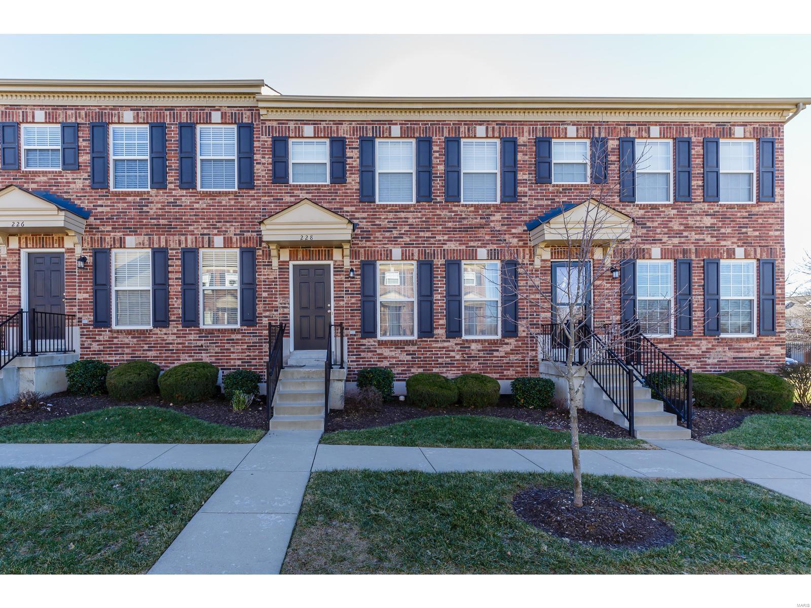 Very clean and ready for you to move in 2 bed 3 bath condo. Attractive brick front exterior with landscaping in the heart of Saint Peters convenient to shopping, entertainment, restaurants, Rec Plex and walking trails.   Two nice sized bedrooms upstairs with ceiling fans and walk-in closets.  Large bath with oversized vanity and soaking tub/shower combination.  Walk-in entry to open floor plan and large living room with separate dining. Living area and bedrooms have new engineered wood floors (installed late 2018). Kitchen has black appliances, cherry cabinets and tons of counter space for cooking and entertaining. Half bath for guests on the main floor.  Partially finished lower level with wet bar, family gathering area, third bath with shower and possible sleeping/office.  Sliding doors open to private  patio.  Parking for 2 cars in detached garage.  All the elements are here for you to make this property your own. Location: Interior Unit