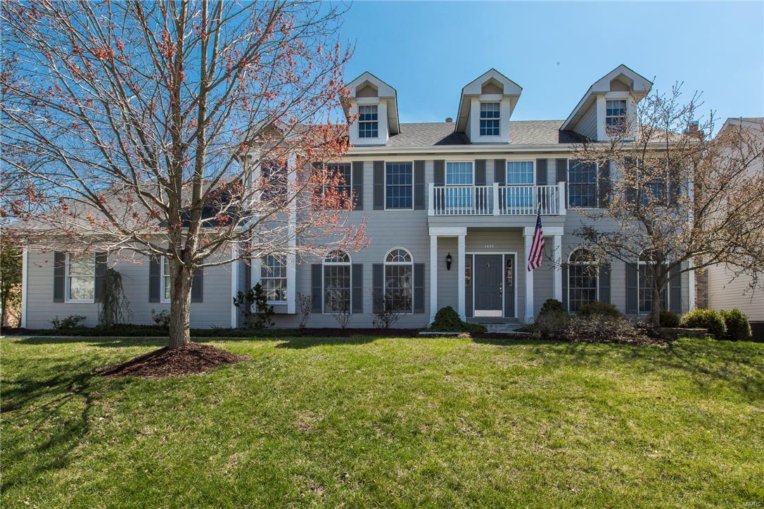 Enjoy your summer lounging by the 18 x 36 ft built-in pool and professionally landscaped backyard, offering a quiet oasis for your family.  Located in one of Chesterfield’s most desirable neighborhoods, this home backs to a scenic common ground off a quiet cul-de-sac. Entertaining is easy in the large eat-in-kitchen or formal dining room w/coffered ceilings. Plenty of millwork and built-in bookcases accentuate the ground floor, including French doors to the formal living room, two-story entry with dual closets, 9 ft ceilings, and family room with wet bar. Bedrooms on the upper floor include one with private bath, two that share a Jack-and-Jill bathroom. Master suite has coffered ceilings, spacious master bath w/separate tub and shower. The 900 sqft finished basement area includes a bedroom (now an office), full bath, and second entertainment area. Recent upgrades include kitchen countertops, roof, complete exterior paint, deck weatherproofing, high-grade carpets throughout.