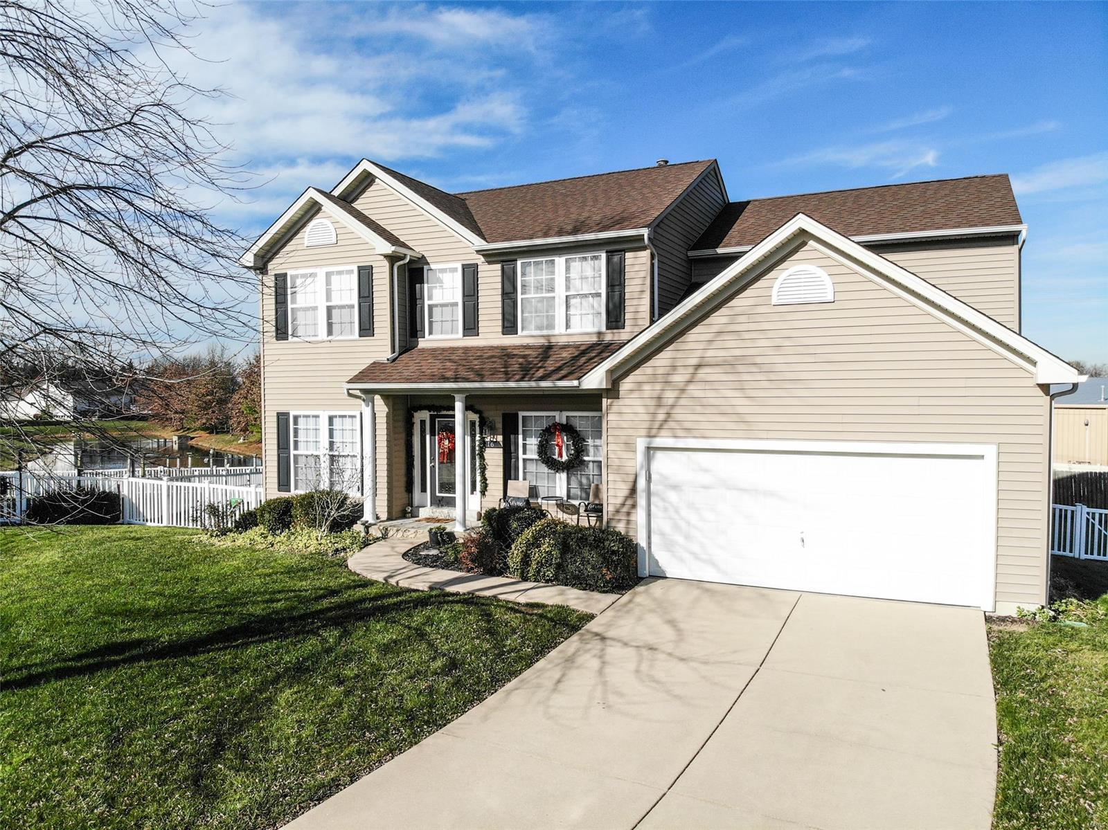 Great Lake St Louis location in small subdivision. This level cul-de-sac lot is fenced with a view of the pond. Spacious with 2909 sq ft of living area for a growing family. Open floor plan with dramatic vaulted ceilings in the kitchen and sunroom. You will love this floor plan with new carpeting to be installed on main level. Need some expansion space, there is a start to a finished basement with some drywall and bathroom. Center staircase in the heart of the home takes you to a huge master bedroom with vaulted ceilings, private bath with double sinks, separate tub and shower and walk in closet. Large bedrooms and #2 bedroom has a walk in closet also. Have fun fishing in the subdivision pond and make some memories with the kids. Some features of this one owner home are 9'ceilings, fireplace, bay window, hardwood flooring, main level laundry room, 42" kitchen cabinets, kitchen planning desk and zoned HVAC (main level is new and upper has new motherboard). Home protection plan included. Additional Rooms: Sun Room