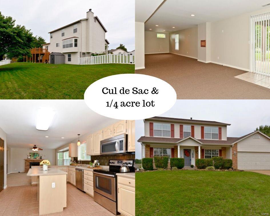 Open House Sun. 11/03 1Pm-3PM Great 2-story home in Francis Howell schools sits in cul de sac w/ large fabulous, level & fully fenced yard. Over 3,000 fin sqft 4 Bedrooms, 2 full baths, plus 2 half baths, finished lower level & a walk out, Easy to make legal 5th BR. Open floorplan between GreatRm, Kitchen & BreakfastRm. GreatRm w/5 bay window & woodburn fireplace w/brick hearth & mantle. Kitchen w/center island, stainless appliances, updated w/glass backsplash & ceramic tile flooring.Double pantry & Stainless refrig is included! Vaulted Master Suite w/double door entry & walk-in closet. Vaulted Master Bath w/separate tub & shower w/skylite. Good size, main floor laundry. New atrium door '19 that walks out to wrap-around deck & patio at walk-out. Architectural shingle roof new in '17. Finished lower level w/drywall ceiling & recessed lights.Ext. 6 panel doors, 5 Ceiling Fans, white blinds & Freshly painted interior thru-out. Newer storage shed stays. Enjoy convenient location near Page