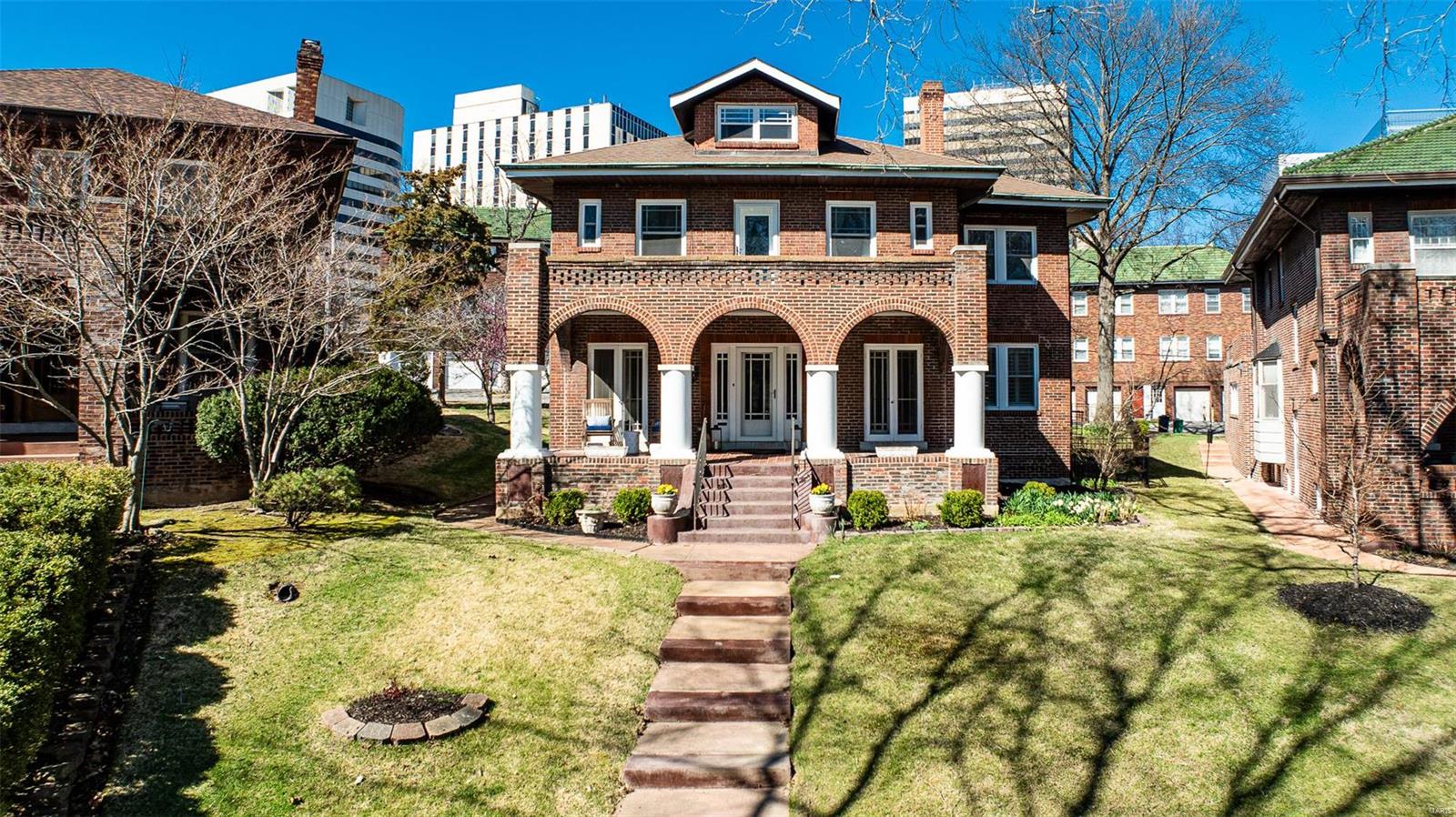 Quintessential home located on what was once the original St. Louis Country Club grounds.  It's one of 18 homes in this historic neighborhood that exudes charm with its arched doorway, stained glass windows and Ernest Batchelder fireplace. The entire home has been renovated with modern updates-including a newer kitchen, master bath, 3 additional baths, windows throughout, and improved HVAC systems. Main level includes open kitchen w/custom cabinetry, center marble island, 6 burner Thermador gas stove,  Butler's pantry, dining room, living room with French doors to office.  The second level is equally impressive with a lovely primary suite w/walk-in closet, luxurious marble bath w/double vanity, custom shower, and 3 additional bedrooms with baths. The sitting area makes for a wonderful family area/kid space, laundry hook-ups complete this level.  Walk up attic adds another family room/teen suite. 2 car garage, walking distance to Meramec Elementary School, downtown Clayton, Shaw Park.