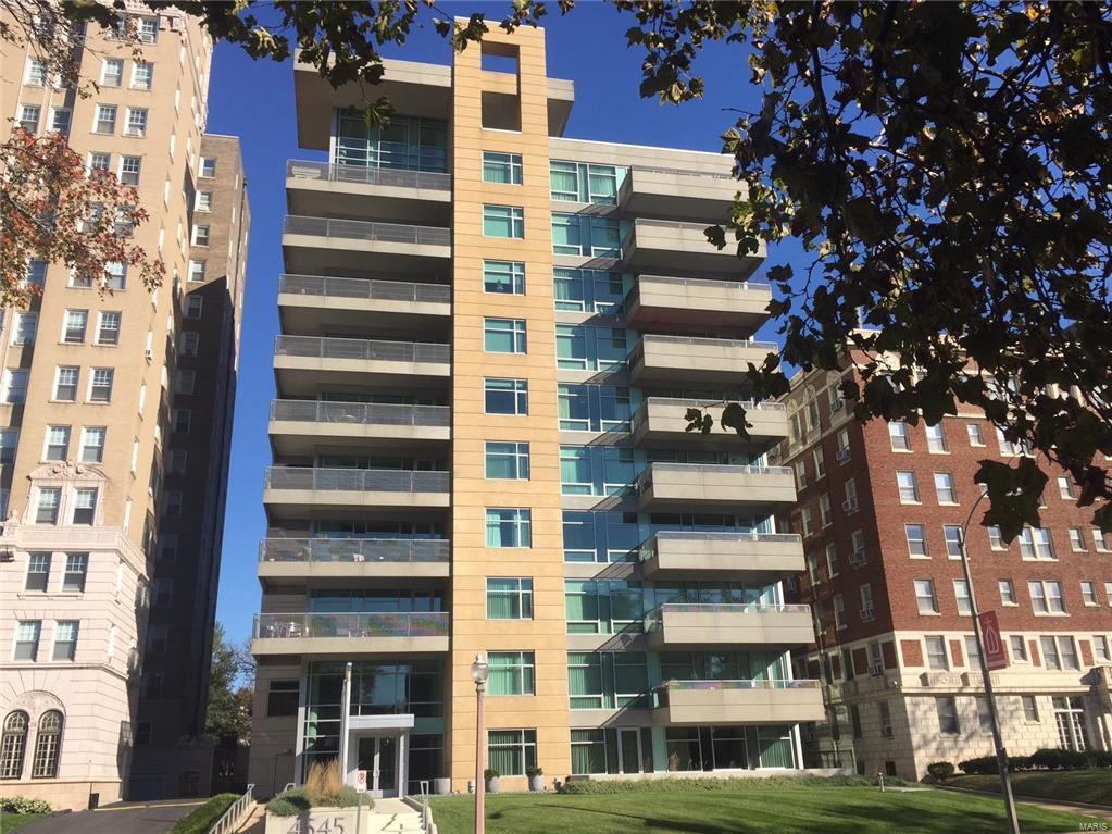 Elegant and refined condo on the 5th floor, with covered 23' x 9' terrace overlooking Lindell and Washington Univ Med Center.  South-facing Eero unit, with 2 BRs & den, over 2,200 SF, stunning Brazilian tiger wood floors, open floor plan, 10-ft ceilings, panoramic floor to ceiling windows, & direct elevator access to a private foyer.  Features include gas fireplace, closet organizers, designer shades & drapes, plus an in-unit washer/dryer.  High-quality finishes include top-of-the-line baths with Grohe & Toto fixtures, plus limestone shower & floors. The kitchen features Markus cabinetry, Kashmir white granite tops, and Bosch appliances.  First floor of 4545 includes a lobby w attendant, fitness center, guest suite, plus a conference room w wet bar, kitchen and outdoor patio.  There are 2 parking spaces (#45 and #46) in the attached heated garage, plus a storage locker.  Enjoy walking just a block to Euclid Avenue's fabulous cafes, Whole Foods, shops & restaurants and the Chase Cinema! Some Accessible Features Location: City, Upper Level
