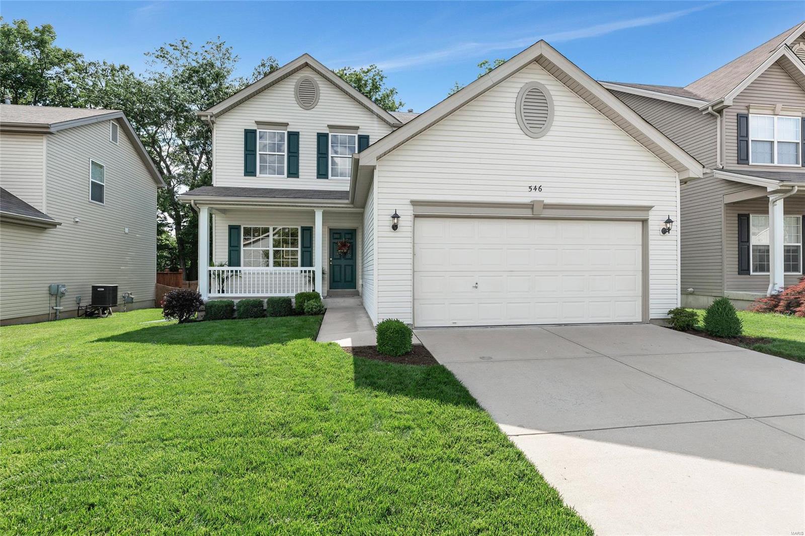 Curb appeal galore, 2 story, 3 bedroom, 2.5 bath home in extremely popular Springhurst subdivision. Well maintained home   features 9' ceilings, big family room w/crown molding, large enough to add dining area at one end, 1/2 bath, huge eat in kitchen w/gorgeous 42" custom cabinetry, center island/breakfast bar, large pantry, plenty of closet/storage space, sliders to patio backing to trees, providing beautiful view, inground sprinkler system. Upstairs you find the master suite w/vaulted ceiling, master bath features dual vanity, double sinks, soaking tub/separate shower & big walk in closet.  Upper level also features large hall bath & 2 more bedrooms, laundry on this floor, so convenient. Subdivision features pool, clubhouse, tennis courts, dog park/playground. Great location within minutes of Hwy's 40/64 and 364, The Meadows, Target, Walmart, Lowes, etc., lets just say plenty of shopping/restaurants & AAA rated Wentzville Schools. Any offers to be reviewed after Sunday's Open House.