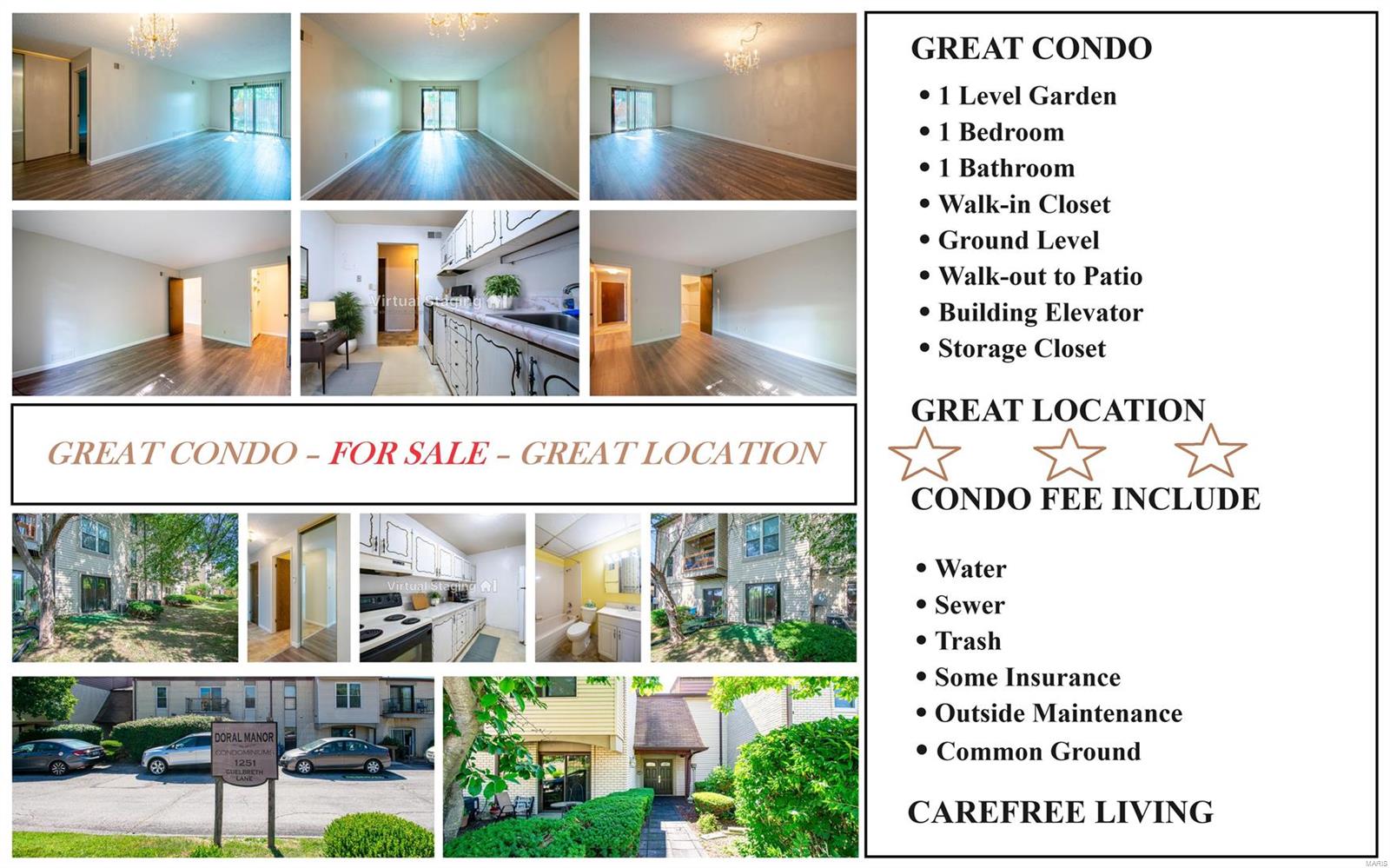 GREAT AFFORDABLE CONDO - 1 BEDROOM - 1 FULL BATHROOM – LARGE WALK-IN CLOSET – LIVING ROOM / DINING ROOM COMBO WITH WALK-OUT TO BACK PATIO. BUILDING WITH ELEVATOR & GORGEOUS WAITING HALL. GREAT LOCATION - CAREFREE LIVING AT AFFORDABLE PRICE. located just across the street from STAENBERG COMPLEX - for all your Leisure & Fitness. Easy access to Lindbergh and all the Highways. Minutes away from all the Shopping & Entertainment of the Creve Coeur area. IT WAS A RENTAL UNIT. Freshly painted, New Flooring, Vinyl Windows & Sliding Door. It needs a small TLC & offered in its current condition - AS-IS. THE SELLER WILL NOT BE RESPONSIBLE FOR ANY INSPECTIONS OR REPAIRS. USE SPECIAL SALES CONTRACT. EASY TO SHOW - HURRY - WILL NOT LAST LONG. Location: Ground Level, Interior Unit, Suburban