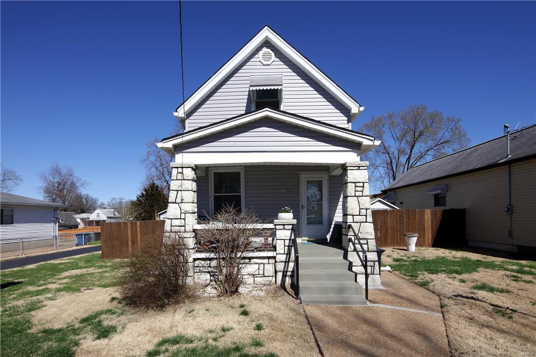 63123 at it's best! 1.5-story brick/stone meets cottage Better Homes & Gardens - casual comfortable living in this 2 bed/1 bath plus den! Pretty pine floors in living room, non-functioning fireplace, stained leaded glass side windows, some updated windows too! "Like a Bistro" redone kitchen offers stainless appliances (as-is) wine cooler, gas cooktop, refrigerator, microwave, dishwasher, counter seating AND wall mounted TV to watch while preparing your meals! Full bath shows jet tub/shower & large vanity! Upper level has 2nd bedroom and great office/den space! Be the superb party planner in your outdoor screened house, covered patio & charming greenhouse! 2 car side driveway entry garage leads to privacy fenced yard on 25x120 lot! Updated: roof, vinyl siding, gutters, downspouts.