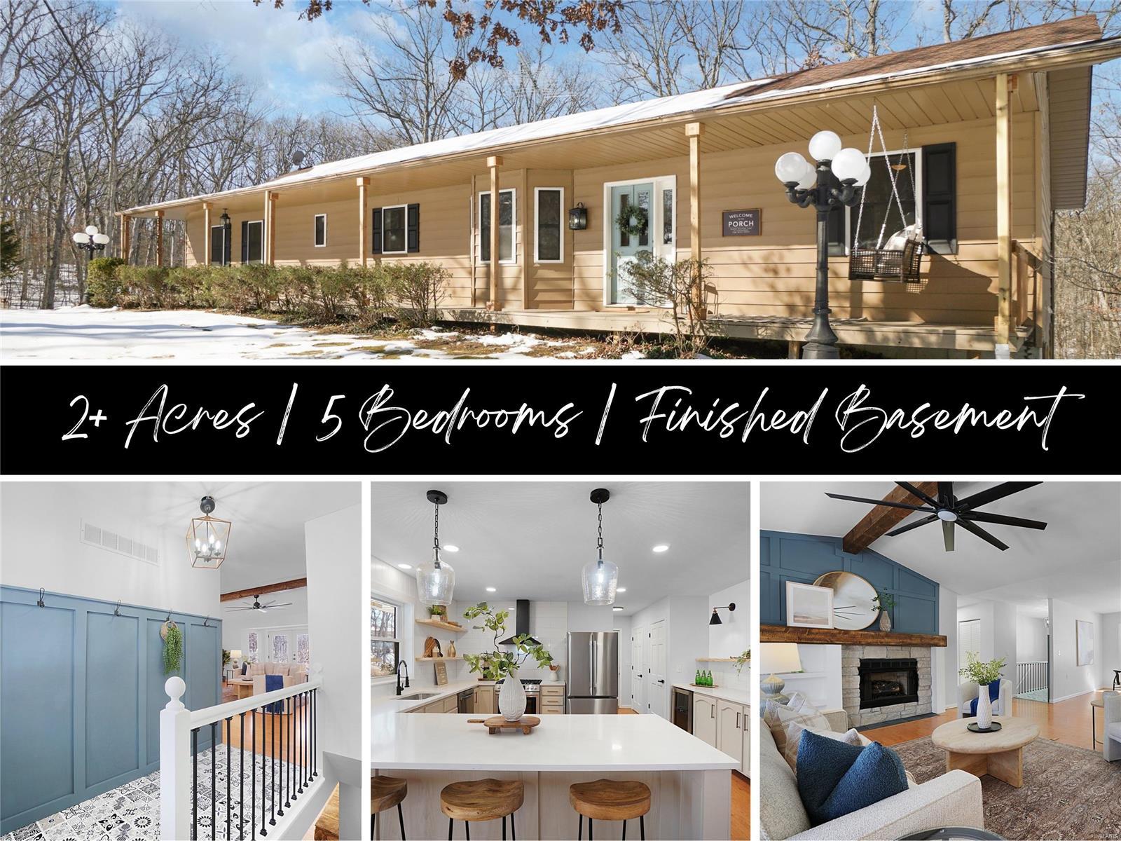 Welcome to this stunning 5-bedroom, 3.5-bath home, nestled on a CORNER LOT on over 2 ACRES of beautiful LAND! Recently updated throughout, this home features fresh, NEUTRAL PAINT, creating a bright and welcoming atmosphere. The kitchen has been thoughtfully modernized with updated STAINLESS STEEL APPLIANCES, stylish light fixtures and sleek hardware. All bathrooms include upgraded QUARTZ COUNTERTOPS. The master bathroom boasts a new TILED SHOWER and huge WALK-IN CLOSET. Additional updates include NEW CARPET and CUSTOM ACCENT WALLS, blending style and functionality seamlessly. The FINISHED WALK-OUT BASEMENT includes 2 of the 5 bedrooms, a full bathroom and an additional area for entertaining. The storage area offers an ADDITIONAL GARAGE DOOR to easily store and access lawn equipment. Conveniently located near I-70 and only 15 minutes to shopping at the Wentzville Crossroads. Don’t miss the chance to make this your dream home—schedule your private showing today!