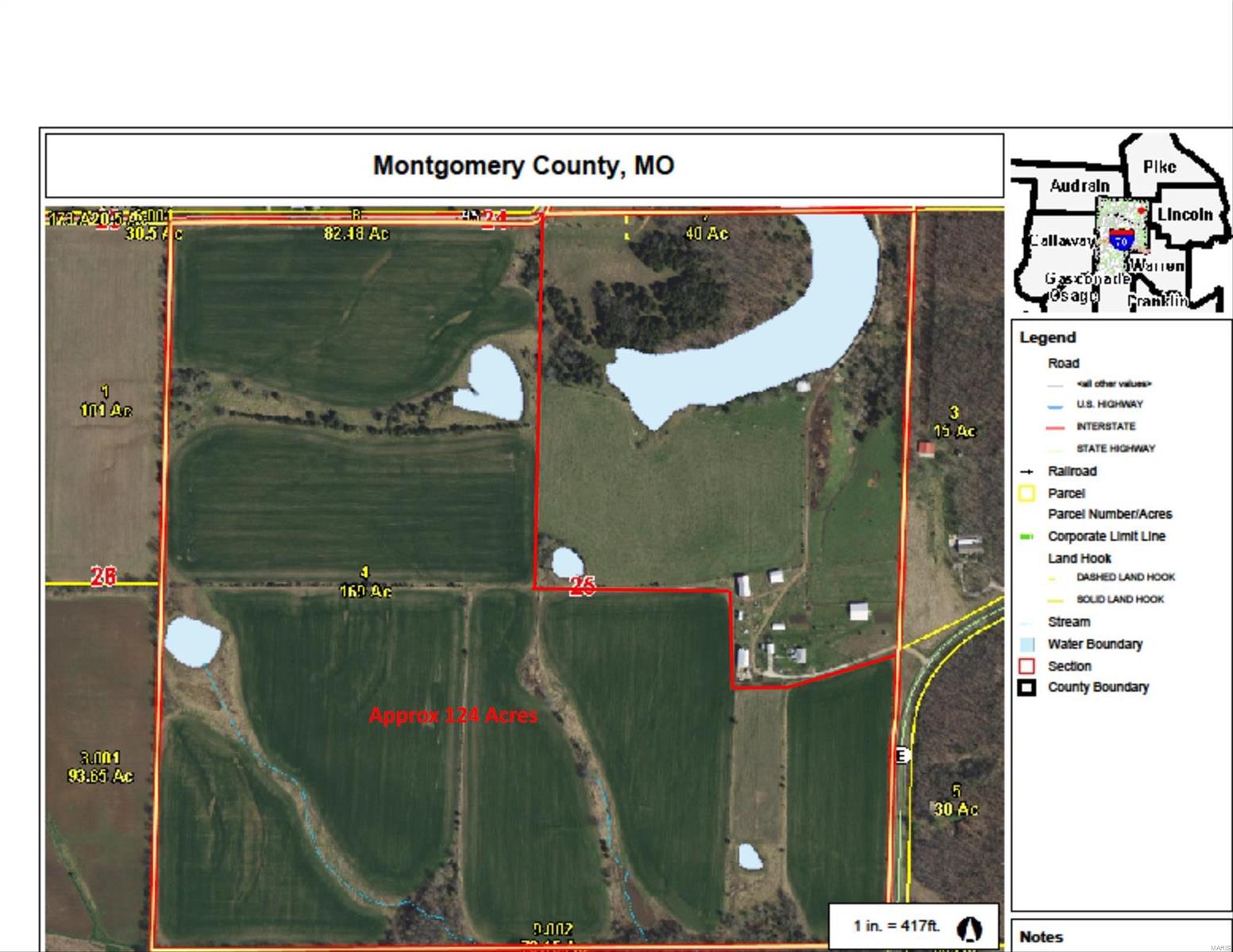 GREAT BELLFLOWER FARM - 124 Acres Total which includes approximately 113 Acres in Tillable This property Fronts Hwy E and also backs to McCullouch Road with great access! - Additional acreage with home lake & outbuilding avaialble