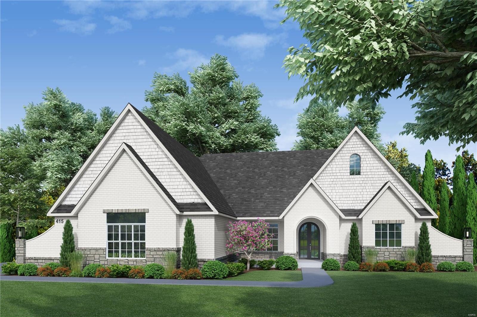 Custom home on 3+ acre wooded lot in St. Charles Co development. Great Room stone fireplace w gas insert flanked w built-in bookcases & highlighted by natural light from expansive wall of windows. Kitchen ftrs quartz counter tops, soft close cabinets w crown molding, under cabinet lighting, tile backsplash, Kitchen Aid appliances, & walk-in pantry. Owner's suite ftrs spacious bedroom w coffered ceiling, 9x9 closet, luxury bath w separate vanities, separate free-standing tub & walk-in tiled shower. Two additional bedrooms w private baths & walk-in closets. Home office, powder room, laundry room w closet, cabinetry & sink, & mud room complete main floor. 10' ceilings throughout, 6 1/4" baseboards & 3 pc crown molding. Brick & stone front elevation w iron arched entry door & covered patio off kitchen. 9' basement pour w full bath rough & egress window. Upgrades: milled wood flooring, extended covered patio, fiberglass windows, 8' doors, wing walls, wet bar, 2x6 construction, LL full bath.