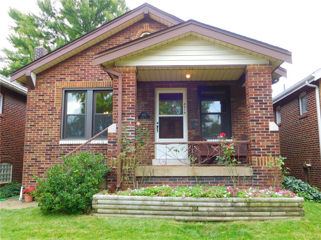 Solid brick charmer in Tower Grove South on a quiet street. Enter original wood door from your covered front porch onto solid white oak, refinished hardwood floors. Classic wood shelf room dividers, sconce lighting, and archway into the separate dining room. Plenty of natural light, natural wood work, and high baseboards compliment the 9’ ceilings. Matching pair of glass block windows in LR/DR. Cheery, country kitchen was recently renovated with custom built cabinets and solid surface, Corian countertops. Carpeted Bedroom with walk in closet. Second bedroom is filled with natural light, wall of closets, and access to rear yard. Renovated bathroom in 2014! Full, unfinished, walk out basement w/glass block windows, large utility sink and potential private sleeping or workout area. One car detached garage with opener. Enjoy the fully fenced yard. New high efficiency AC unit with remote access wifi thermostat. Sewer laterals were replaced in 2013. Convenient location!