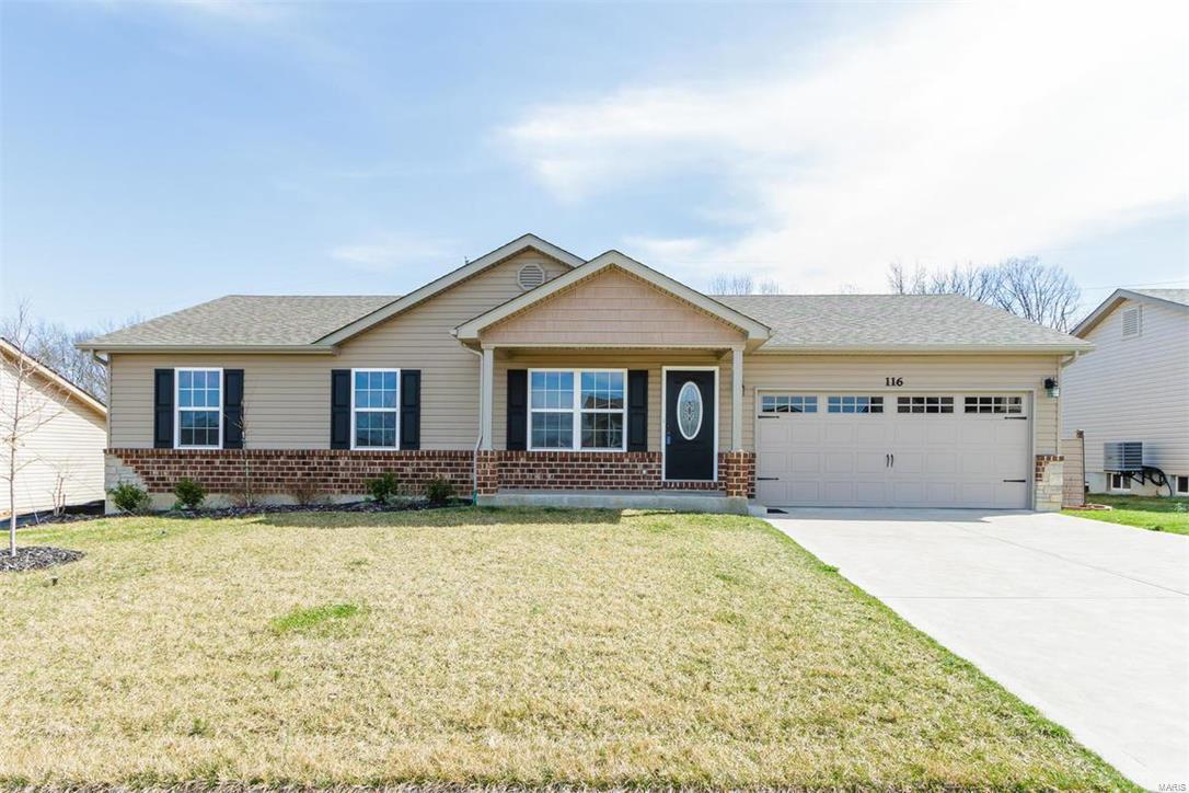 Fantastic, well maintained ranch! This 3 bdr, 2 bath, one owner ranch has a popular, open floor plan and has the features that today’s buyers are looking for. The ext is elegant w/jumbo brick, stone detail, low maint siding, shake siding detail, architectural shingles, encl soffits & fascia, leaded glass front door, garage coach lights and a carriage style garage door. Int features inc vltd ceilings, rounded corners, ceiling fans, st steel appl, smooth top stove, micro, dishwasher, recessed can lights, maple cabinets, upgraded faucet w/a pull-out spray head, lazy susan, extra deep sink, engineered wood flooring, tall base trim, W/I closet, oil rubbed bronze lever door hardware and more. The 2 car garage is oversized w/an 8X8 storage area for a depth of approx 29’ at the deepest. This is an all-electric home. The basement has a rough in bath and an egress window for an easy future finish. There is easy access to Hwys 40, 70 and the many shops, restaurants & services on Wentzville Pkwy.