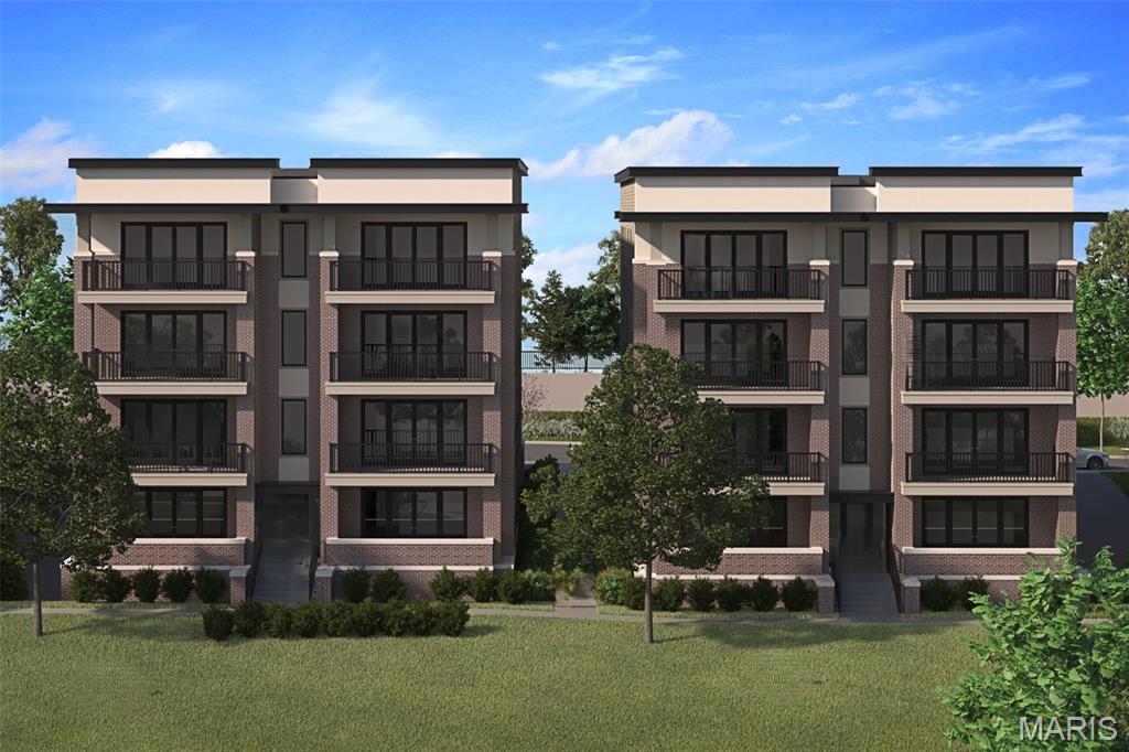 New Town & Country upscale condominium floorplan by McBride Homes featuring 3BR, 2.5BA will be ready spring 2027 at Hwy 141 and 40 with 1800 sq ft of living space! 4th?floor unit with black sliding glass doors and ceiling fans in the living room and primary bedroom, plus transom windows in the primary. Open concept living with expansive ceilings & wood laminate flooring throughout entire unit.?Luxury kitchen with level 4 Brellin white cabinets, quartz counters & backsplash, 30” gas cooktop with hood, wall oven/convection microwave & island w/breakfast bar. Spacious living area with a linear fireplace. Primary bedroom walk-in closet, ceiling fan, private bath w/dual vanities, walk-in shower. Additional bedrooms with ceiling fan, walk-in closet & Jack and Jill bath. Extras include laundry rm, powder room, storage closets, and bronzed gold fixtures. Each building is elevator-accessible w/secured lobbies, underground parking, & only two residences per floor.?Renderings shown.