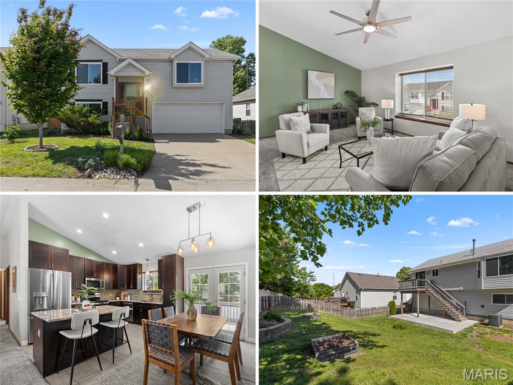 BEAUTIFULLY UPDATED split foyer charmer with reworked VAULTED OPEN FLOOR PLAN, finished lower level, and FENCED YARD, walking distance to 78-acre WAPELHORST PARK (pool complex, lake, trail, playground, sports and more). Newer vinyl siding, newer architectural shingle roof, newer covered front porch with cedar-finish pillars. 2-story entry steps up to bright vaulted living room. Open kitchen/dining with newer LUXURY FINISHES, rich 42" cabinets with soft-close doors/drawers, GRANITE COUNTERS, oversized sink, pantry with pull-outs, STAINLESS APPLIANCES, double oven and tile flooring. French doors to NEW DECK overlooking private backyard. Vaulted primary bedroom features large WALK-IN CLOSET. 2nd bedroom shares vaulted hall bath with glass/tiled shower. Downstairs FLEXIBLE REC ROOM with easy-care laminate flooring. 3rd bedroom and SPA-LIKE 2nd bath, jetted tub and rainfall shower. Convenient laundry, tuck-under 2-CAR GARAGE, cabinets and storage. Newer HVAC systems and light fixtures. Fenced backyard with mature trees behind. Near Highways 94/364/70 in AWARD-WINNING SCHOOL DISTRICT, with most daily errands within a mile.
