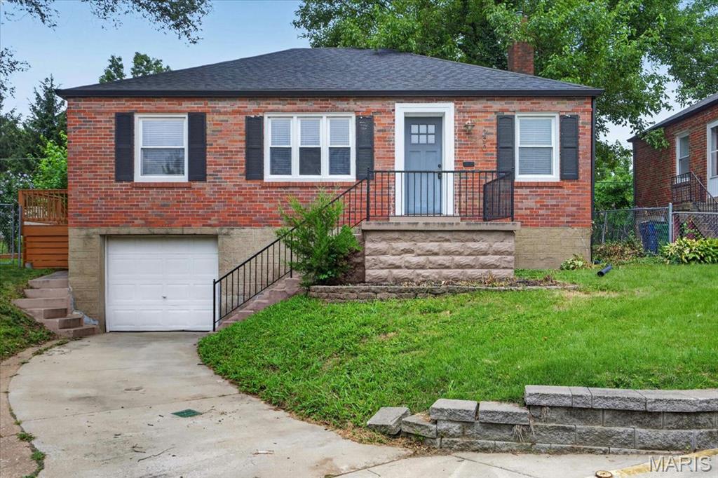 Located on a private cul-de-sac in the highly desirable Webster Groves School District, this fully renovated brick bungalow in Rock Hill offers a perfect blend of charm and modern updates. Thoughtfully redesigned by a master carpenter and artist/designer duo, the home features a stunning custom kitchen with 48-inch white cabinetry, concrete countertops, subway tile backsplash, farmhouse sink, and stainless steel appliances, opening to a bright and spacious living and dining area. The main level includes two large bedrooms and an updated bath with a handcrafted walnut vanity, subway tile surround, and slate flooring, with hardwood floors throughout. The lower level provides additional living space, laundry/storage, and a walkout to the backyard, along with a tuck-under garage. Enjoy a fully fenced, private backyard with deck, patio, fire pit, and garden space ideal for entertaining. Conveniently located near shopping, dining, and Highway 40.