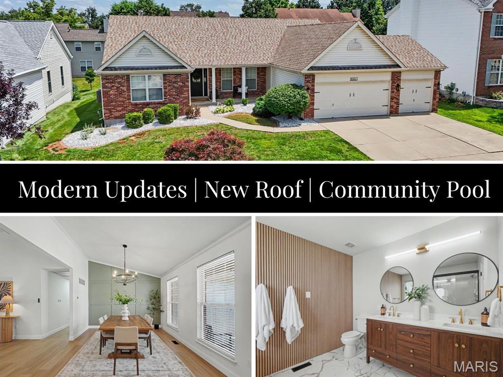 Welcome to 8003 Knights Crossing Drive! This MOVE-IN READY home offers modern updates, functional living space, and an unbeatable location! From the moment you arrive, you'll appreciate the inviting covered front porch, refreshed landscaping, new front door and oversized 3-car garage. Inside, the home has been thoughtfully updated with new luxury vinyl plank flooring, new carpet, fresh paint and updated light fixtures.
The 3 bed/2 bath open floor plan is complemented by an additional den/flex space that can easily function as a home office, playroom, family room, or whatever best fits your lifestyle. The kitchen features quartz countertops, a stylish tile backsplash, stainless steel appliances and ample cabinet space. Bathrooms have been tastefully refreshed with new vanities, toilets and flooring for a clean, contemporary look.
The unfinished basement offers endless possibilities with a future bathroom rough-in already in place, providing the opportunity to add additional living space and equity. 
Additional updates include a new roof and recently replaced HVAC system providing even more confidence in the home's condition. 
Residents enjoy access to the neighborhood community pool, while the convenient location offers quick access to Highways 40/64, 364, Technology Drive, shopping, dining, and parks. This truly move-in ready home combines thoughtful updates, valuable improvements and an exceptional location. Don't delay, schedule your showing today!