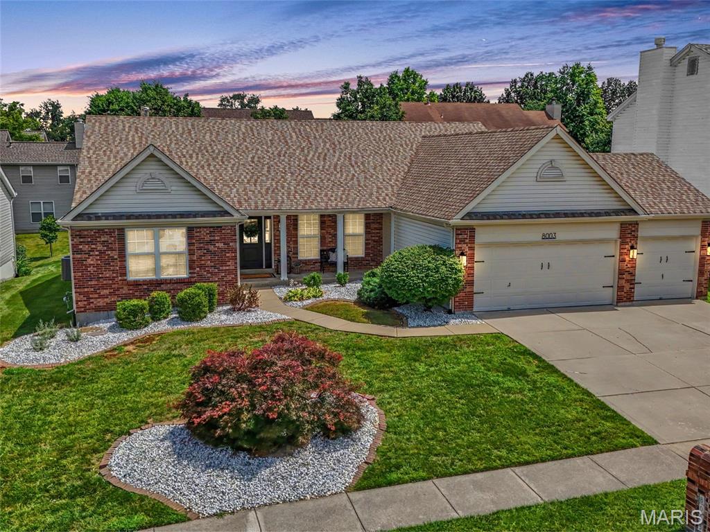 Welcome to 8003 Knights Crossing Drive! This MOVE-IN READY home offers modern updates, functional living space, and an unbeatable location! From the moment you arrive, you'll appreciate the inviting covered front porch, refreshed landscaping, new front door and oversized 3-car garage. Inside, the home has been thoughtfully updated with new luxury vinyl plank flooring, new carpet, fresh paint and updated light fixtures.
The 3 bed/2 bath open floor plan is complemented by an additional den/flex space that can easily function as a home office, playroom, family room, or whatever best fits your lifestyle. The kitchen features quartz countertops, a stylish tile backsplash, stainless steel appliances and ample cabinet space. Bathrooms have been tastefully refreshed with new vanities, toilets and flooring for a clean, contemporary look.
The unfinished basement offers endless possibilities with a future bathroom rough-in already in place, providing the opportunity to add additional living space and equity. 
Additional updates include a new roof and recently replaced HVAC system providing even more confidence in the home's condition. 
Residents enjoy access to the neighborhood community pool, while the convenient location offers quick access to Highways 40/64, 364, Technology Drive, shopping, dining, and parks. This truly move-in ready home combines thoughtful updates, valuable improvements and an exceptional location. Don't delay, schedule your showing today!