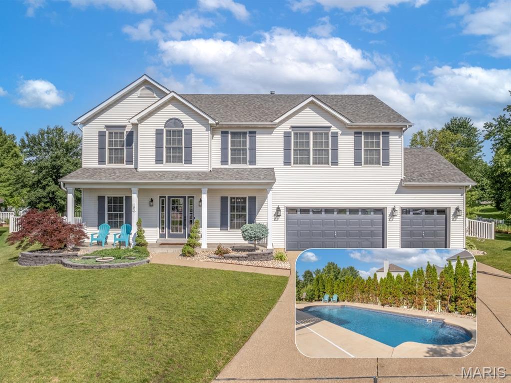 Awesome find - almost 4000 sq ft of living space on 1/3 of an acre with a heated inground salt water pool! Most pool houses have no additional yard this one has an abundant outdoor space on each end of the pool with room to play plus a large patio with a pergola and it is perfectly situated at the end of the cul-de-sac. This amazing property has so many extras - on the main level there is a separate dining room that could also be a sitting room or a home office if you need two because there is an awesome home office across the entryway with glass French doors for privacy. A large great room with a woodburning fireplace is the perfect place for entertaining since it is open to the bayed breakfast room & island kitchen. The kitchen is special with tons of work space, a breakfast bar area at the island, granite counters, stainless appliances & a large pantry. The main floor laundry is well equipped with cabinets, hanging areas & drying racks. A perfectly placed Powder Room is near the kitchen & the entrance to the garage. The main level and the lower level have newer durable Pergo Wet Protected Timbercraft floors. Upstairs is just as impressive with a large Family Room at the top of the stairs then a Primary Suite to the left with vaulted ceilings, a GIANT walk-in closet plus a full bath with tub & separate shower and a oversized double bowl vanity. Three nice size guest/kid rooms on the right of the family room all have walk-in closets. The recently finished lower level expands your living space by 775 feet with a large rec room,  exercise area, and a room that would be perfect for a cozy home theatre. Plus a storage room with built-in shelving. The oversized 3 car garage has 1 bay that is 26 feet deep & has a service door plus there is custom overhead wire storage shelving. All of this and located in a subdivision that offers access to 3 pools, tennis courts, lakes & walking trails. Sellers have been transferred out of state - they love this home and know you will too! Seller needs a close date of July 29th or later.