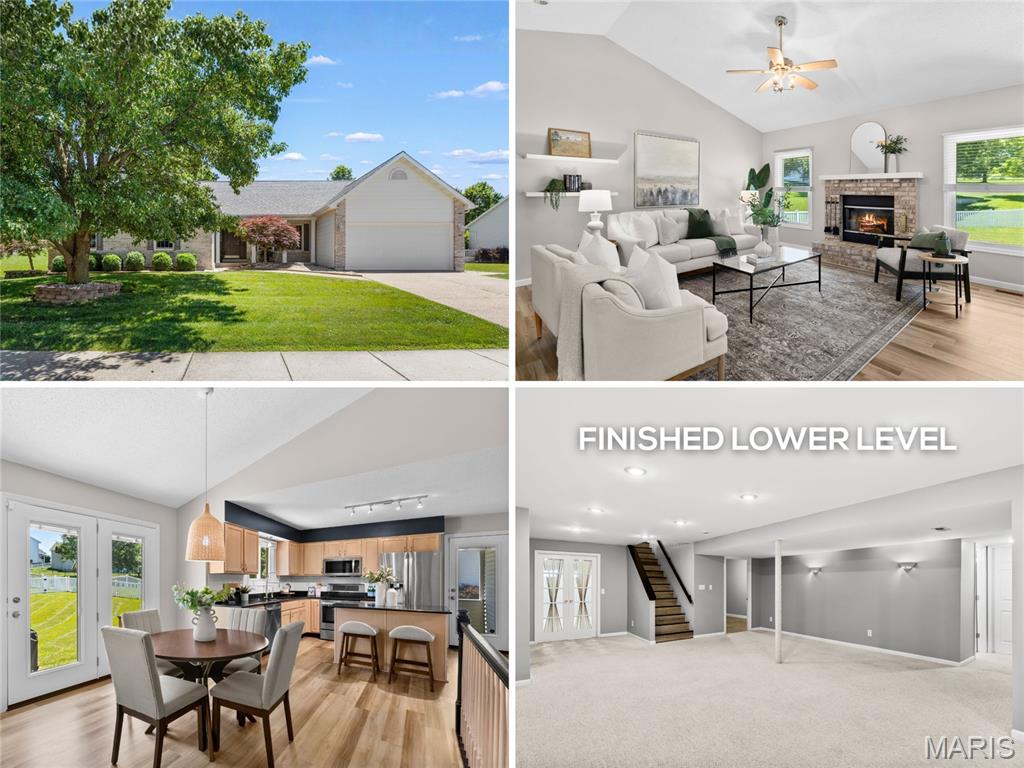 Incredible VAULTED OPEN PLAN ranch with screened porch, FINISHED LOWER LEVEL and fenced backyard - right around the corner from community pool and golf. VILLAGE AMENITIES include 3 pools, clubhouse, 2 lakes, fishing, sports, 4 miles of trails and 156-acre golf course. Fantastic CURB APPEAL with brick detail, covered front porch, professional landscaping, and 2-car garage with coach lights. Bright entry opens to flexible dining/office and vaulted living room with gas fireplace, brick hearth. Water-resistant luxury vinyl wide plank flooring throughout. Open kitchen with wood cabinets, tile backsplash, QUARTZ COUNTERS, center island bar, STAINLESS appliances, smooth-top stove, and access to COVERED SCREENED PORCH with ceiling fan. Breakfast room sliding doors to patio with plumbed-in GAS GRILL - ideal for entertaining. Relaxing vaulted primary suite with dual granite-top vanities, corner soaking tub, separate shower and WALK-IN CLOSET. Secondary bedrooms share hall bath with tub/shower combo. Downstairs features 3 multi-purpose rooms, full bath, plus storage. Recently upgraded: HIGH-END HVAC systems, water heater, exterior doors and TOP-OF-THE-LINE Andersen WINDOWS. Almost one-third acre OVERSIZED LOT is vinyl-fenced with lush lawn. ULTRA-CONVENIENT location with most daily errands within a mile. Agent/owner.