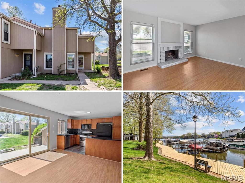 Updated carefree townhome with open floor plan, just steps to pool and scenic boardwalk! Harbor Town village is nestled on the shores of Lake St. Louis, with boat slips, small beach & swimming pool for residents. In addition, enjoy Lake St Louis' RESORT-STYLE AMENITIES: 685 acres of lakes, boating, fishing, clubhouse, pool, golf, clubs, events & more. Interior updates include laminate flooring, granite vanities, bath fixtures, lighting & 6-panel doors. Spacious living room with cozy woodburning fireplace, brick surround. Impressive kitchen with GRANITE COUNTERS, custom maple cabinets with soft-close drawers, subway tile backsplash & peninsula breakfast bar. Bright dining area steps out to PRIVATE PATIO with built-in fire pit - ideal for entertaining. Upstairs primary bedroom is VAULTED with a WALK-IN CLOSET. 2 additional nice-sized bedrooms. Downstairs flexible rec room, plus STORAGE. Water, sewer & trash removal provided. Completed rental application due prior to showing. Location: End Unit, Ground Level, Suburban