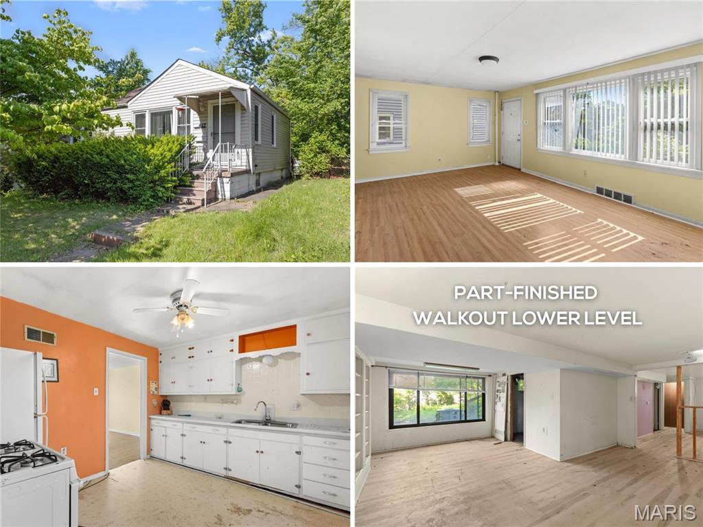 Charming ranch bungalow with FINISHED WALKOUT lower level and fenced backyard, around the corner from 24-acre JANUARY WABASH PARK (pool, scenic trail, lake, fishing, playground and more) - ready for your personal touches! Blooming dogwood tree, low-maintenance vinyl siding, covered entry and front storm door. Bright living room with triple window and easy-care laminate flooring. Eat-in kitchen with gas range. Step out to deck overlooking PEACEFUL SHADY YARD. Main-level bedrooms feature laminate flooring and share hall bath with step-in shower. Downstairs finished with FLEXIBLE REC ROOM, walkout to side yard, 2nd bath with step-in shower, laundry area, plus STORAGE. Updated water heater. FENCED YARD with mature trees - ideal for relaxation or entertaining. SUPER CONVENIENT location with most errands within a mile. 7-minute walk to elementary school. Easy access to Highways 170/70/270. Property to be conveyed in its current condition.
