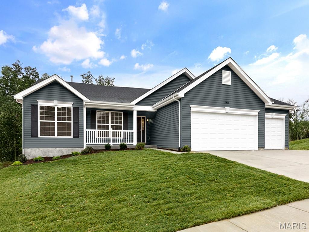 Hickory 3BR, 2BA ranch ready this winter by McBride Homes! 3-CAR-GARAGE! Perfect for entertaining with an open floorplan featuring wood laminate flooring, vaulted ceiling & 6’ windows in main living area. The kitchen boasts level 4 Brellin White 42” kitchen cabinetry, quartz countertops, stainless steel GE appliances & walk-in pantry. The large dining area w/sliding doors to backyard. Great room has ceiling fan & two windows for natural light. Primary suite has a ceiling fan, large walk-in closet & private bath with double vanity, large tub w/window, walk-in shower, & linen closet. Two additional bedrooms w/ceiling fan prewires plus hall bath & linen closet. Two panel white interior doors, main floor laundry, garage coach lights & ¾ bath rough in at lower level for future finish. Hawk Ridge offers beautiful new homes in Lake St Louis near restaurants & entertainment! Enjoy peace of mind with McBride Homes’ 10 year builders warranty & incredible customer service! Similar photos shown.