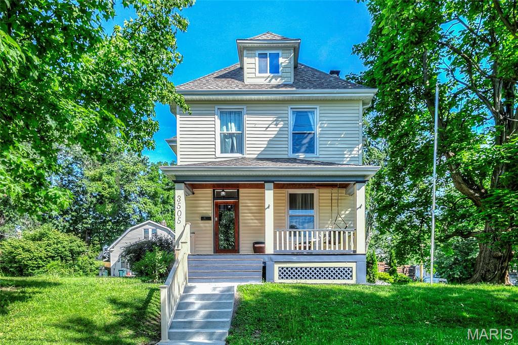 Beautifully Updated 3-Story Home in desirable Maplewood.  Walk-into the Striking Entry Foyer and feel right at home! Refinished original wood flooring throughout main level (except for Ceramic Tile in Kitchen & Bath). Spacious Living Room w/FP opens to large Sitting Room, separated by original Pocket Door.  Formal Dining Rm w/ built-in hutch.  Fully updated Kitchen with Granite Counters, Custom White Cabinets, SS Appliances, Gas Range/oven, microwave, dishwasher & Pantry.  Second Level includes Large Primary Bedroom w/ Sitting or Office Area.  Two additional large Bedrooms.  Laundry hook-up in hallway.  Bathroom features Clawfoot Tub/Shower.  Besides the main staircase, second floor also has back stairway to Kitchen.  Harwood Floors throughout 2nd Level.  Third Level is its  own separate oasis with large Bedroom, Bath w/walk-in Shower, large closet, and efficiency counter, sink, and mini refrigerator. Back Yard includes Wood Fenced Yard, built-in fire-pit, and oversized 2 car Garage.  Garage and Driveway access is off St Elmo. Garage window opens to hook-ups for TV viewable from Firepit area. Convenient to shopping, Dining & Parks. Easy access to Big Bend, I-44, and I-64/40.  If you are looking for a great home for Family and Entertaining, you'll want to check out this Lovely Home.