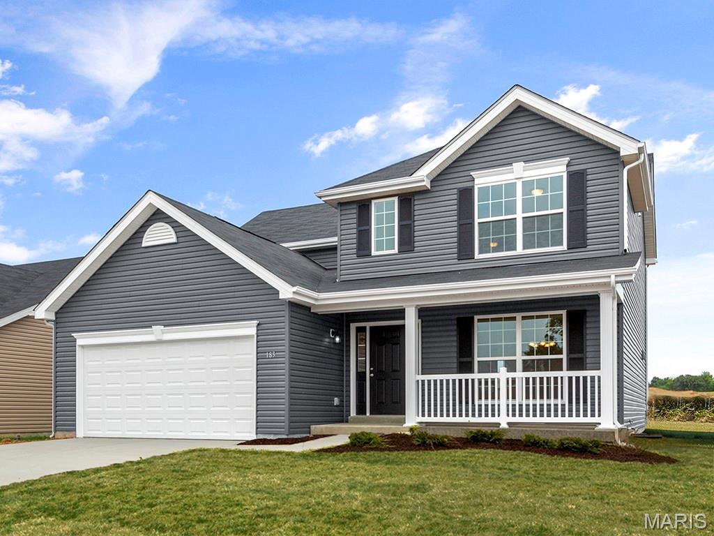 New McBride Homes Royal II 2-story, 4BR 2.5BA is ready now! Inside you’ll find a luxury kitchen with Brellin White 42” tall cabinetry, lg center island w/breakfast bar, quartz countertops, stainless steel GE appliances, & corner walkin pantry. The breakfast rm opens to the backyard w/sliding glass door. The main level has a spacious family room w/window wall & ceiling fan, formal dining, laundry, & powder rm. Open spindled staircase to the 2nd floor. Upstairs the primary suite has a walkin closet, private lux bath w/double bowl vanity, tub, enclosed toilet, & walkin shower. Plus 3 extra bedrooms & hall bath. Upgraded fixtures, 2 panel white interior doors & ¾ bath rough-in at LL. Winding Bluffs Addition offers new homes in the Fenton area, minutes from Gravois Bluffs. Amenities include a pickleball court, athletic field, dog park, trails, & community lake. Enjoy peace of mind with McBride Homes’ 10yr builders’ warranty & incredible customer service! Similar photos shown.