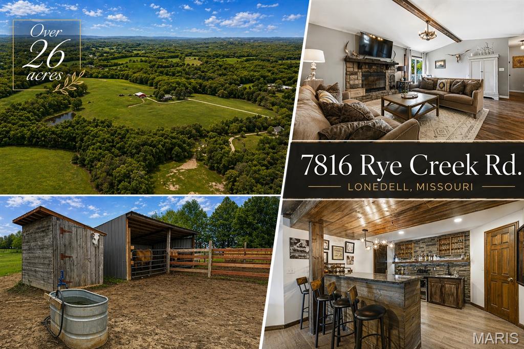 Stunning 26.8-acre working farm in Lonedell offering the perfect blend of luxury living, usable land, and future potential. This beautifully remodeled ranch home features 3 bedrooms, 3 bathrooms, and 2,620 square feet of finished living space designed for both comfort and functionality. Inside, you’ll find luxury vinyl plank flooring, vaulted ceilings, upscale bathrooms, and a warm, inviting living room with a wood-burning fireplace, stone mantle, and striking wood beam. The kitchen is a showstopper with stainless steel appliances, quartz countertops, and cabinet uplighting and downlighting.

The main floor also offers a convenient laundry room just off the attached 2-car garage. Downstairs, the completely finished walkout basement expands your living and entertaining space with a large recreation area, full bar with functioning sink, bonus room with stamped concrete, extra storage, and direct access to the patio.

Step outside and take in what truly sets this property apart: beautiful, usable acreage with approximately half in pasture and currently set up for both cattle and horses. The pasture is fenced with barbed wire and subdivided by electric fencing, and the property includes a horse barn with tack room, multiple lean-tos for hay and equipment, and well water with spigots throughout for convenient livestock and land use. A private pond and deck overlooking the land create the kind of setting owners dream about—peaceful, scenic, and highly functional.

Located in unincorporated Franklin County in the Lonedell area, this property offers the freedom of no HOA plus outstanding frontage on both Rye Creek Road and MO-47. Whether you’re looking for a working farm, hobby farm, private country retreat, or long-term investment opportunity, this property checks all the boxes.