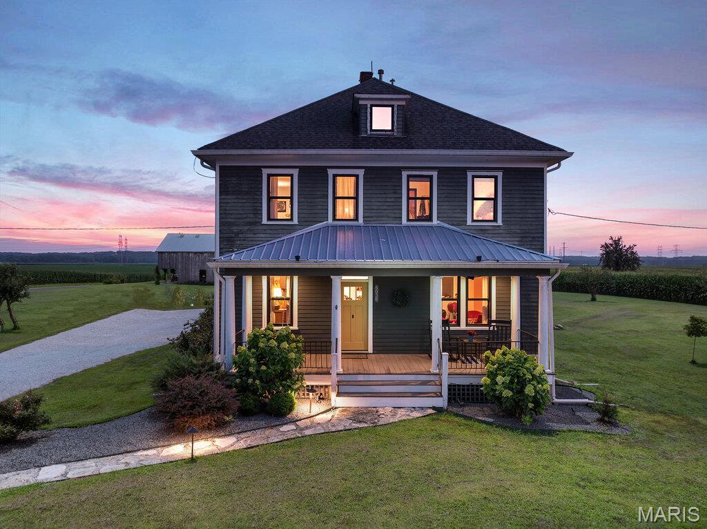 Arrow 8 Ranch, 8 acres, 2,000 sf 2 story, 4 BR, 1 BA, full basement, stable currently entertaining and storage, easily convert back to 8 stalls. Pervious paddock in high yield row crop approx. $1,000/year in income share cropping. Ideal for Gentrified Living, Wedding/Event venue, Large Market Garden, or Equestrian Property. Desirable Orchard Farm School District. .Privacy and peaceful.  Spectacular Sunsets & Sunrises; the flat landscape allows the sun to often reflect with cloud layers.  Bicycle or walk on KATY Trail, 1 block away. Minutes from Main Street St. Charles. Established fruit trees, wild flowers, berries and vegetable garden. See features attachment.