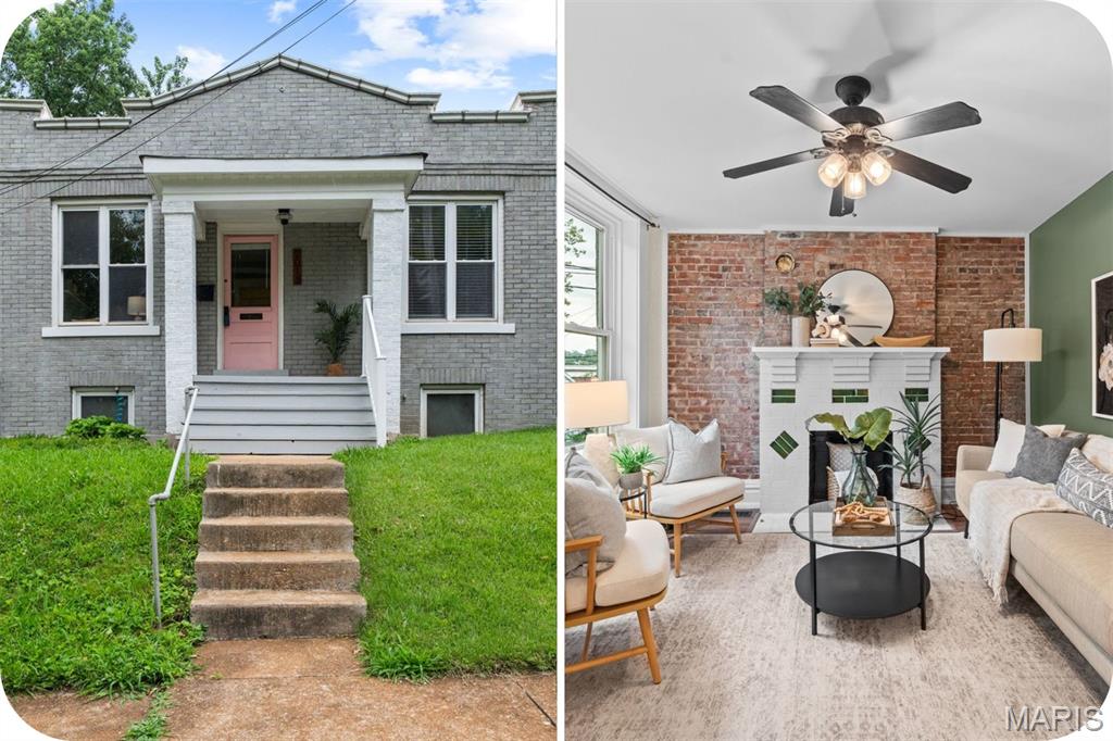 Step inside this sweet little brick bungalow in the popular Dogtown neighborhood and be prepared to fall in love!  This centrally located well-maintained home on a quiet street is the perfect home for a first-time homebuyer close to parks, dining and fun! Walk in the front door and find a charming light filled living room with exposed brick and decorative fireplace.  Two good-sized bedrooms also have exposed brick walls with newer paint, ceiling fans and light fixtures. The recently updated bathroom is thoughtfully modern with ceramic wall tile, a claw foot tub and updated fixtures. The kitchen is as sweet as they come with a good amount of storage, floating shelves, modern backsplash and all appliances can stay. 
The walkout basement has tons of storage and could be finished off to add additional living space. Head out to the backyard and find a good-sized level yard with a two-car parking pad for off street parking. Now for the updates! Roof is less than 1 year old, HVAC 4 years old, new sewer lateral under the house and PVC stack.  With all of these wonderful updates you can live worry free and focus on living that Dogtown lifestyle!!!