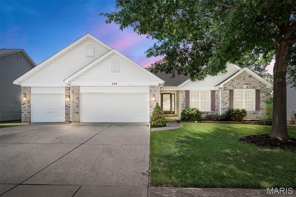 Beautiful 3 bed/3 bath ranch loaded with extras in the sought-after Fountains at Bear Creek! Extremely well kept home features a vaulted great room w/wood laminate flooring and woodburning FP flanked by windows.  Formal dining room with columns and large enough for entertaining the entire family for dinner! Huge kitchen boasts lots of 42" cabinets and counter space plus a big center island w/seating, pantry, double oven and nice size breakfast room. Primary suite with bay window and luxury bath w/separate tub and shower, double sinks and huge walk-in closet. 2 additional nice size bedrooms and full bath plus laundry complete the main level.  Open stairs to full basement with full updated bathroom, storage, sump pit and pump just waiting for your finishing touches to add more living space. 16 x 36 composite deck and fenced yard. Level backyard backing to common ground.  3 car garage, nicely landscaped, HVAC 2022, Roof, gutters, downspouts and fascia 2022, covered front porch and more located on a quiet Cul de sac in the back of a popular subdivision! Make your appointment to view this great home before the sign reads SOLD!!