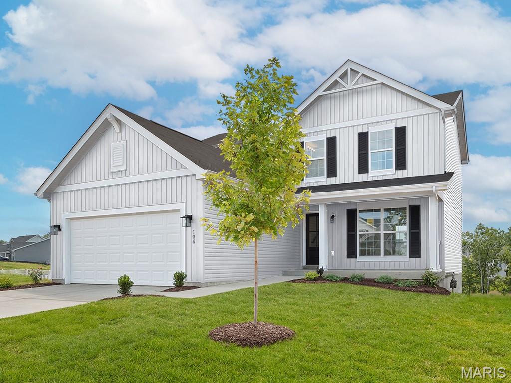 New McBride Homes Berwick, 2-story home, 3 BR, 2.5 BA will be ready this winter! Farmhouse exterior! Perfect for entertaining, the kitchen has quartz countertops, stainless steel GE appliances & level 4 Brellin White 42” tall cabinetry w/center island/breakfast bar. Enjoy the spacious breakfast room w/sliding glass door to the backyard. Huge living room with 2 large windows & ceiling fan. The main level has wood laminate flooring & 6” windows. Upstairs the primary suite has a walk-in closet, private bath with double sink vanity, linen closet, & 5’ walkin shower. Two more bedrooms, full bath, & 2nd floor laundry add convenience. Other features include white six-panel interior doors, a powder room, upgraded lighting/plumbing fixtures, ceiling fan prewires & more! Polo Grounds is located in Eureka near Highway 109/Hwy FF, in the Rockwood School District. Enjoy peace of mind with McBride Homes’ 10 year builders warranty & incredible customer service! Similar photos shown.
