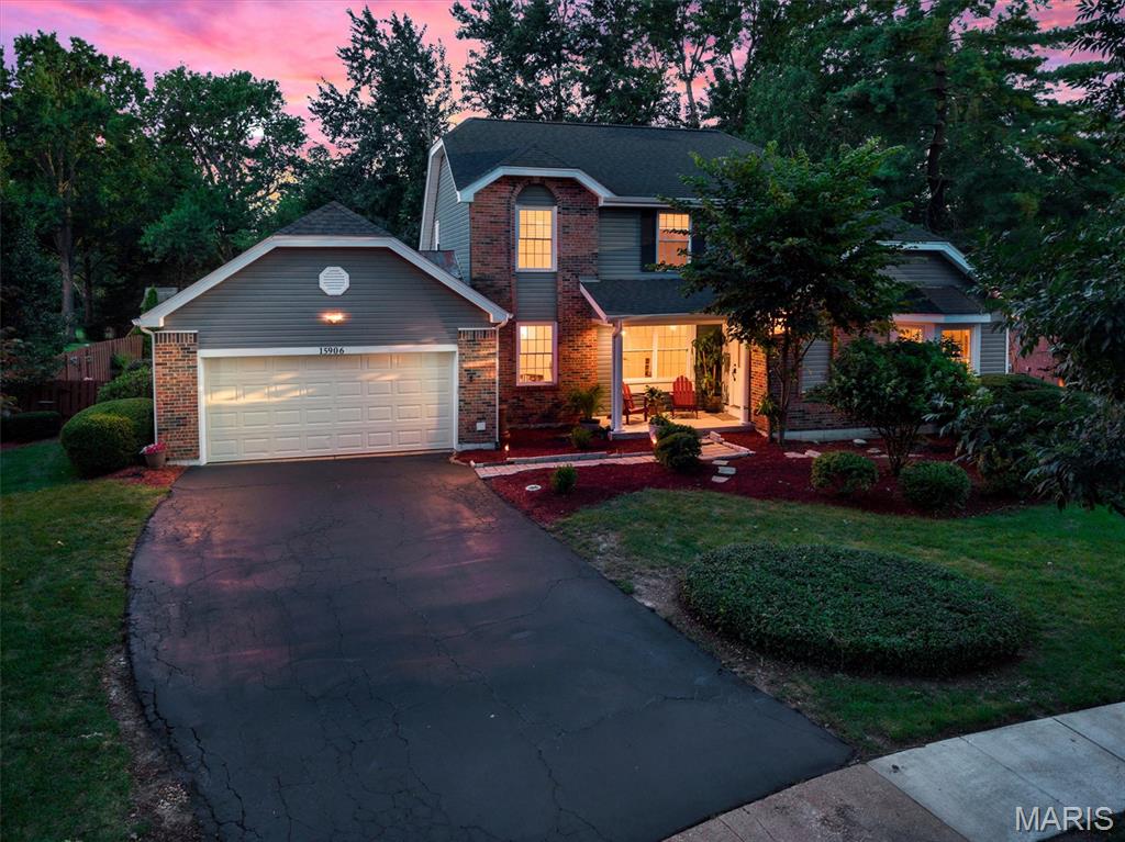Discover a lifestyle of refined comfort at 15906 Eagle Chase Ct., a distinguished 1.5 story single family residence located on a quiet Chesterfield cul-de-sac.  This property presents an opportunity to embrace a sophisticated living experience in a coveted location with an expansive layout providing ample space for relaxation & personal sanctuary. Updated slate gray siding, newer architectural shingled roof, and cozy covered front porch conjoin to deliver a delectable first impression. Enter to vaulted ceilings & crown molding. Great room w/ wood-burning fireplace, skylights providing ample sunshine, & LVP flooring. Entry office room with bay window reading nook. Formal dining room. Great room flows into the tastefully updated kitchen with granite CT's, 42' cabinets, updated SS appliances w/ gas range, pass thru breakfast bar, recessed lighting, & breakfast nook. Main floor laundry off garage entrance. Primary suite offers deep walk-in closet, sep bath & shower, & freshly cleaned slider to massive back deck for morning coffee. Backyard is a summer paradise. Inground heated fiberglass pool w/ fun tiki bar, gazebo canopy, & freshly mulched landscape for easy yard maintenance. Pool pump, filter, & heater all replaced in the last 3 years.  The 2nd floor boasts 3 bedrooms all thoughtfully designed, ensuring convenience & comfort for family & guests alike. Full bath w/ double sink, tub, & ceramic tile flooring. Partially finished basement highlights tastefully decorated 2nd living area, chic bar, workout area, & walkout access. Walking distance to Marquette HS, minutes away from shops, workout facilities, & nightlife. Must see!