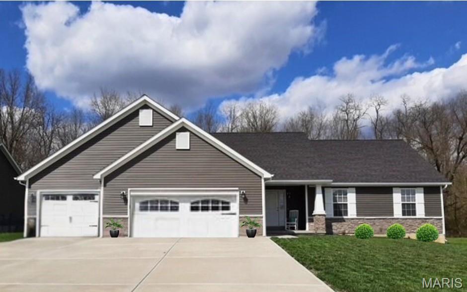 This home is a to-be-built home. 1335 sq ft ranch home with 3 bedrooms and 2 bathrooms, full basement, and 2 car attached garage. The picture is for reference only.