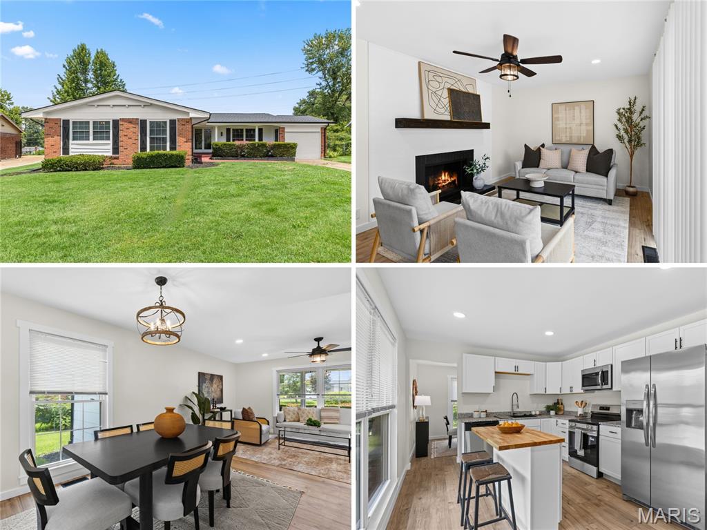 Renovated sprawling ranch with open floor plan, NEW KITCHEN AND BATHS, owner suite, and large fenced backyard - near 52-acre Dunegant Park (playgrounds, sports, disc golf and bbq/picnic areas). Fantastic curb appeal with brick detail, grid windows, attached garage, and COVERED FRONT PORCH with double door entry. Welcoming foyer and bright open-concept living/dining rooms - ideal for gatherings. New water-resistant luxury vinyl WIDE PLANK flooring throughout - not a stitch of carpet! Family room with FIREPLACE, modern mantel, extra storage closet, plus sliding doors to backyard patio. Well-planned kitchen with timeless white cabinets, GRANITE COUNTERS, butcherblock accent island bar, STAINLESS APPLIANCES, smooth-top range with front controls, microwave hood, dishwasher, upgraded pull-down faucet and storage pantry. OWNER SUITE with full bath, glass-enclosed step-in shower. Secondary bedrooms share hall bath with tub/shower combo. Updated designer ebony hardware/fixtures, recessed lights and 2-panel interior doors. Downstairs full basement with laundry area and TONS OF STORAGE. Backyard is fenced with plenty of space to garden and relax - lined by trees for privacy. Close to Highways 270/367 with most daily errands within a mile.